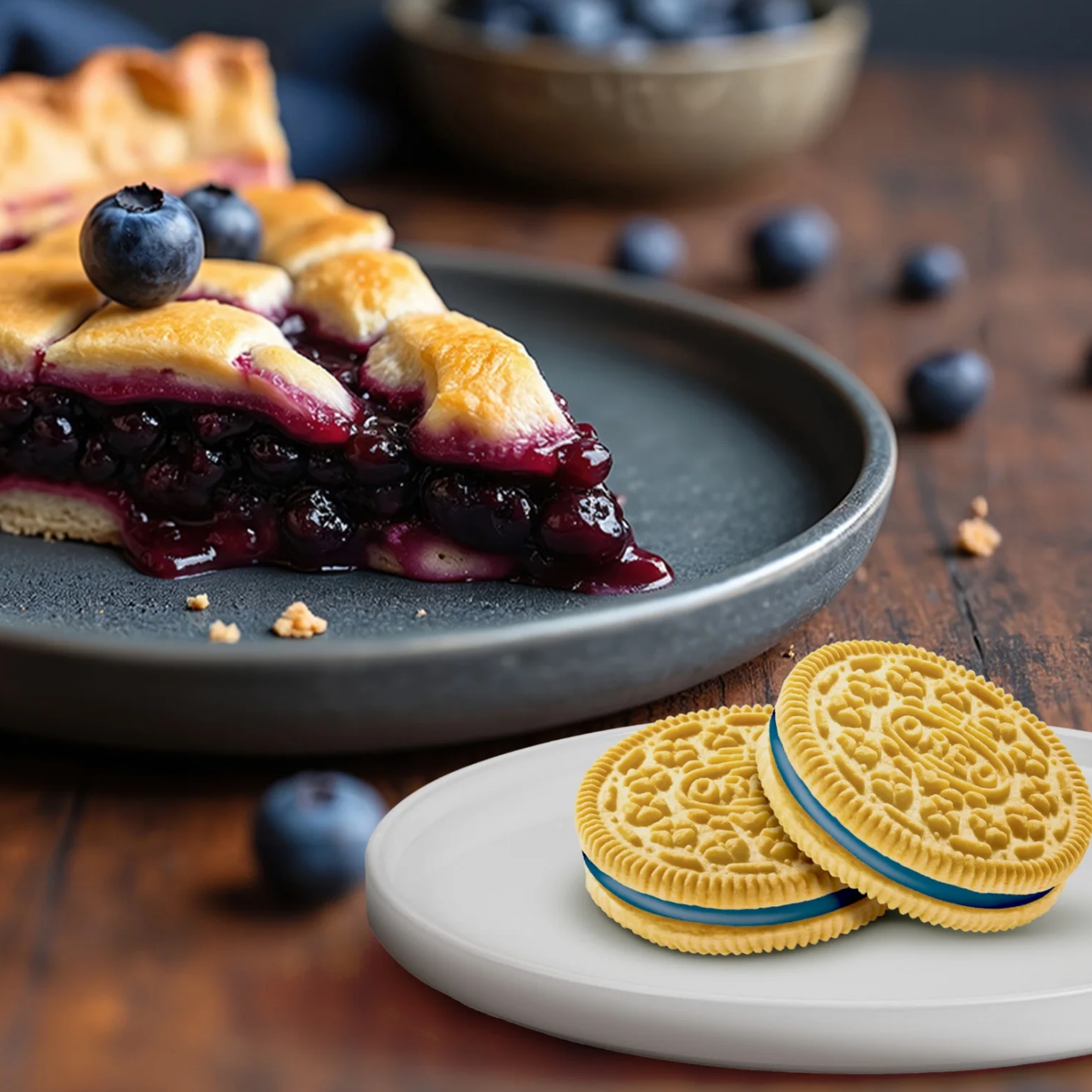 Slice of blueberry pie with a golden crust on a dark plate, topped with a fresh blueberry, next to two golden Oreo sandwich cookies on a white dish.
