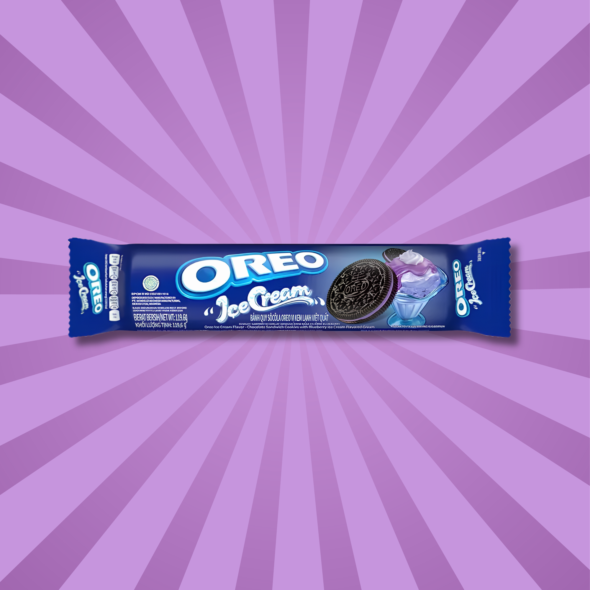 Pack of Blueberry Ice Cream Oreo from Indonesia against a purple starburst background. Buy Blueberry Ice Cream Oreo from Indonesia imported Oreo cookie online.