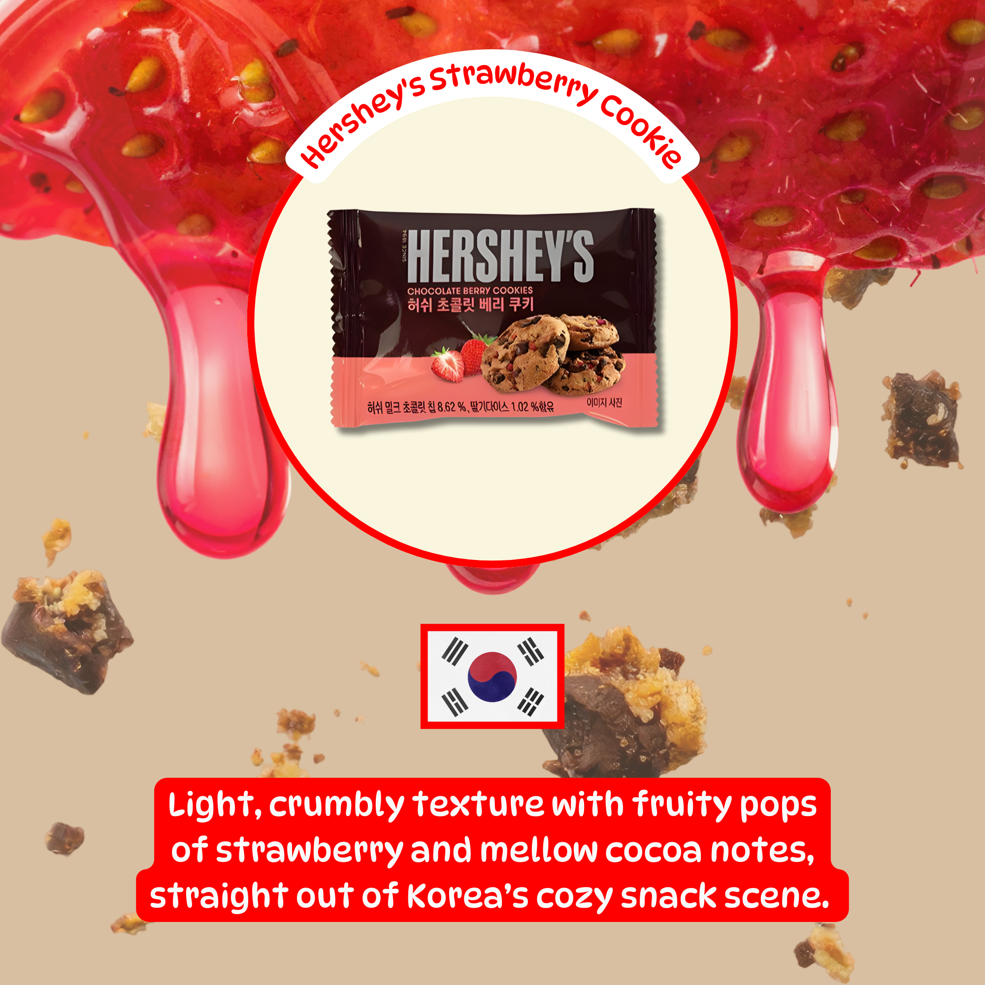 Korean Hershey's Strawberry Cookie packaging sits on a background of dripping strawberry sauce with chocolate chunks.