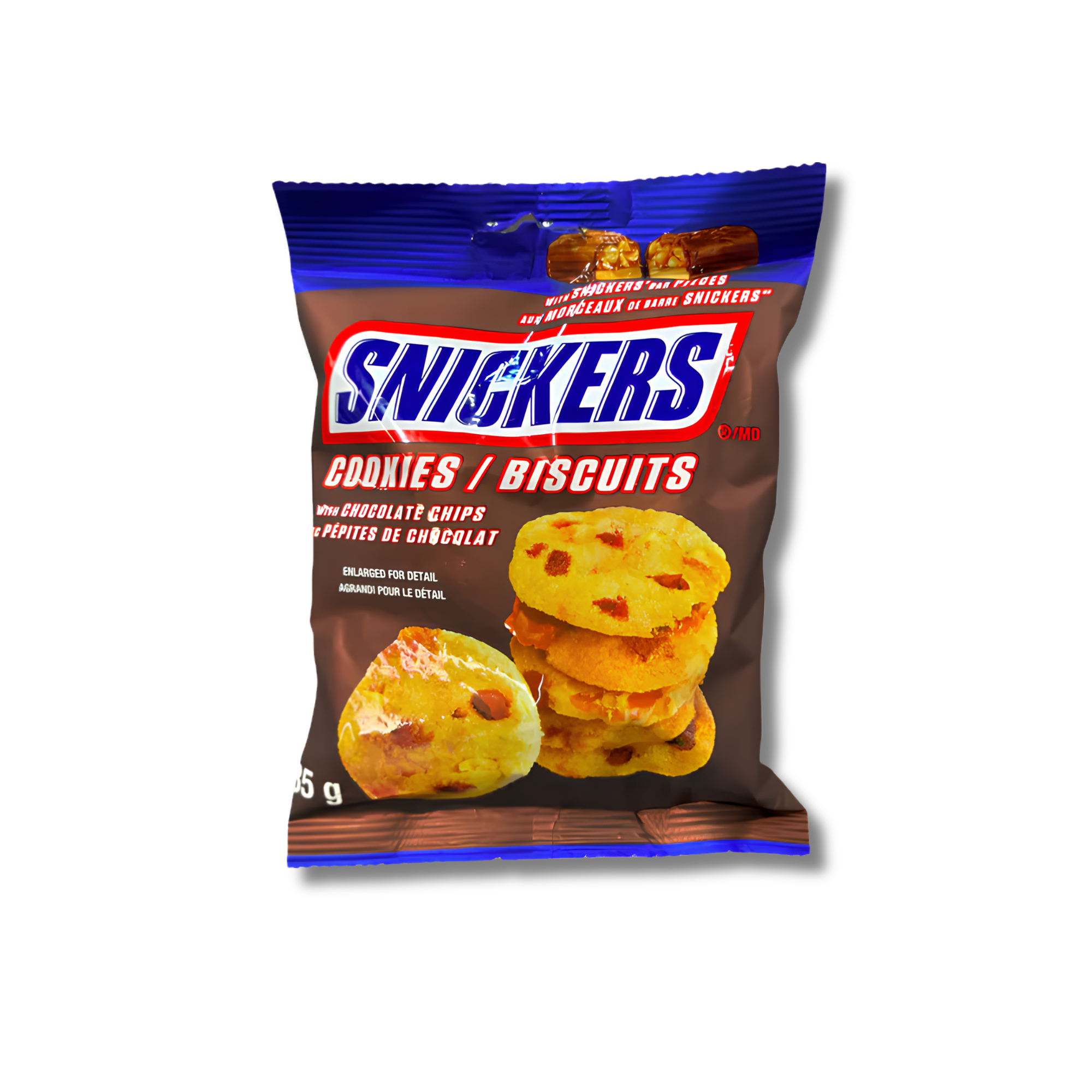 Buy Snickers cookies from Canada chocolate chip biscuit snack online against a white background.