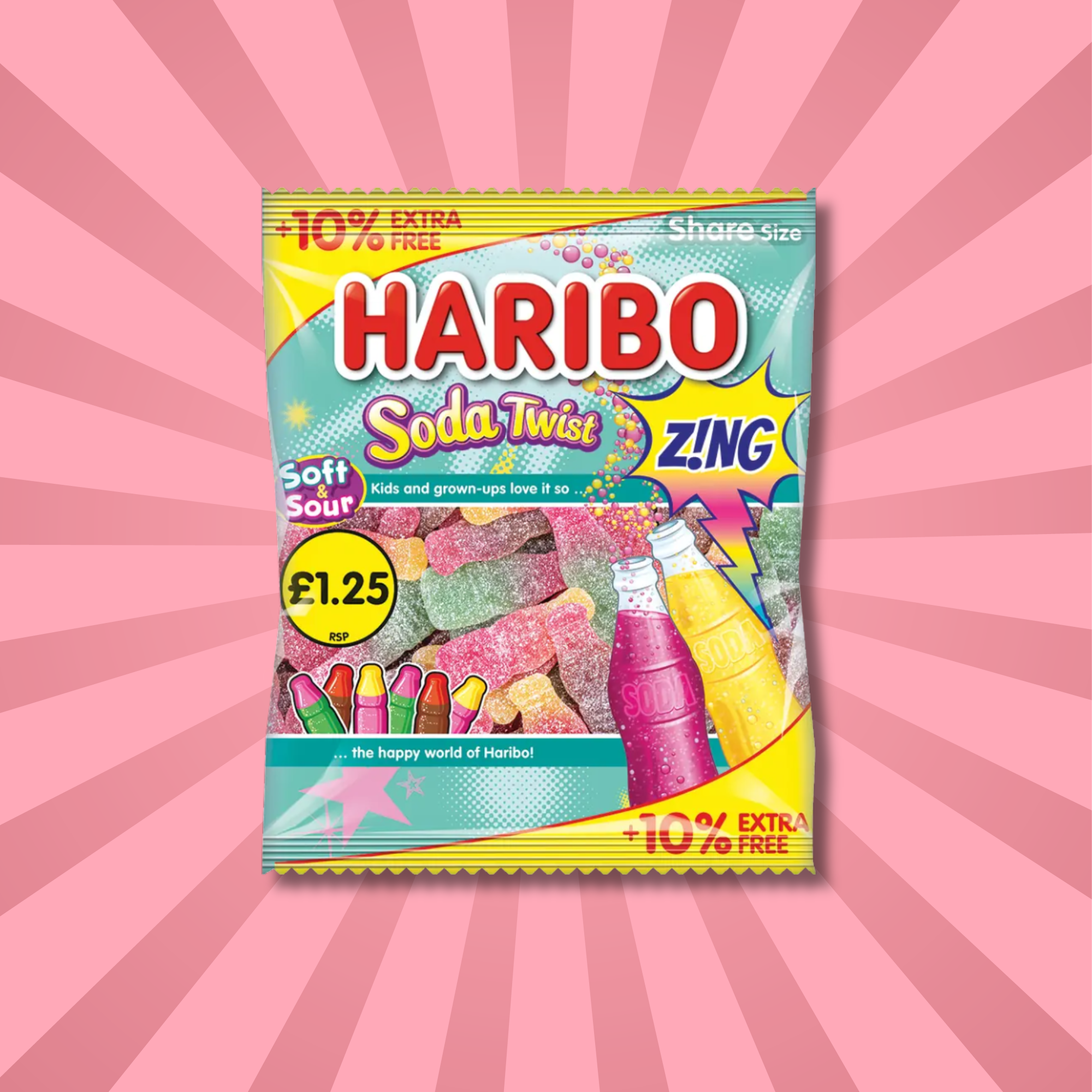 Haribo Soda Twist Zing sour gummy candy from UK with fizzy soda flavors, shop online. Featuring sugar-coated soda-flavored gummies in a colorful share-size bag.