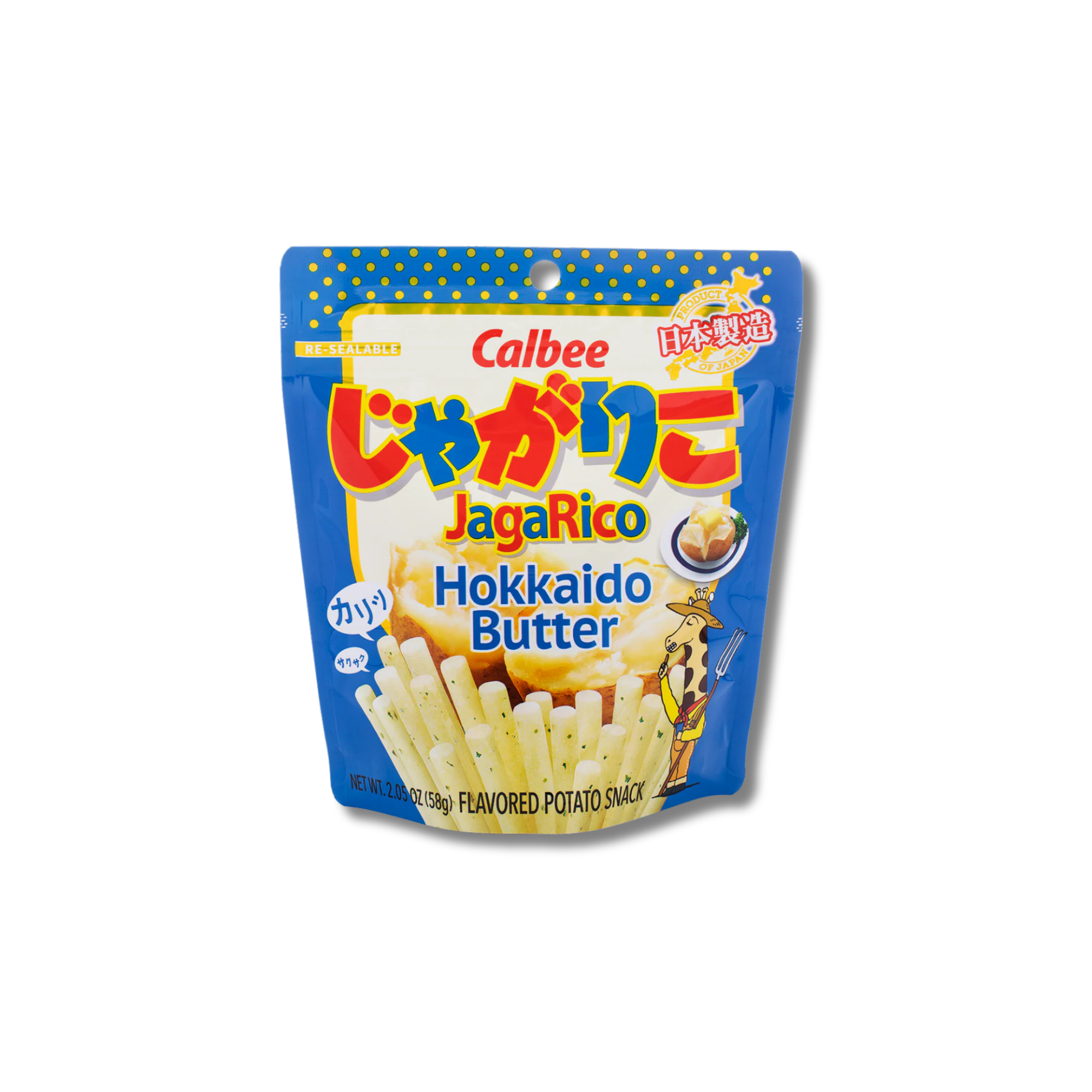 Package of Calbee JagaRico Hokkaido Butter potato sticks from Japan on a white background. Japanese asian snack store, shop now!