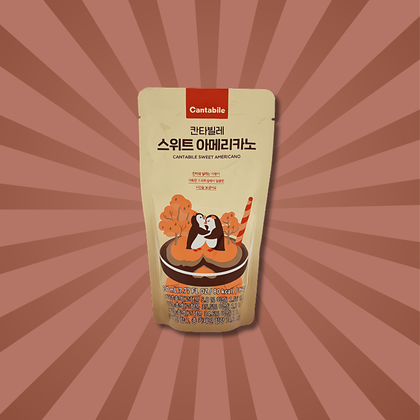 A beige pouch of Korean Cantabile Sweet Americano coffee drink featuring a warm-toned illustration of a couple hugging in coffee, on a striped, retro-style background. Shop Korean snacks online.