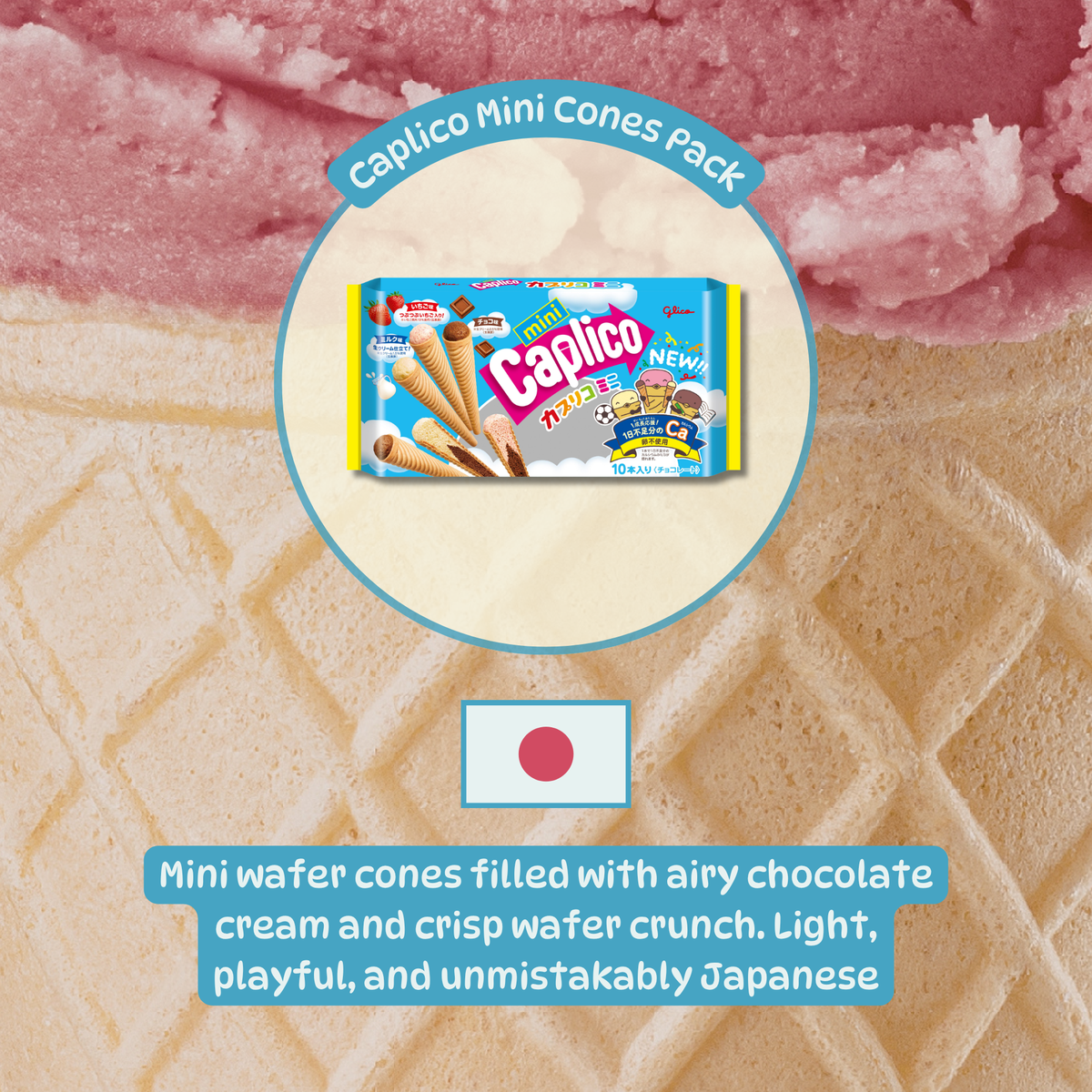 Packaging of Caplico Mini Cones against a waffle and strawberry ice cream background. Text reads: "Mini wafer cones filled with airy chocolate cream." Japanese flag included. Available to buy online.