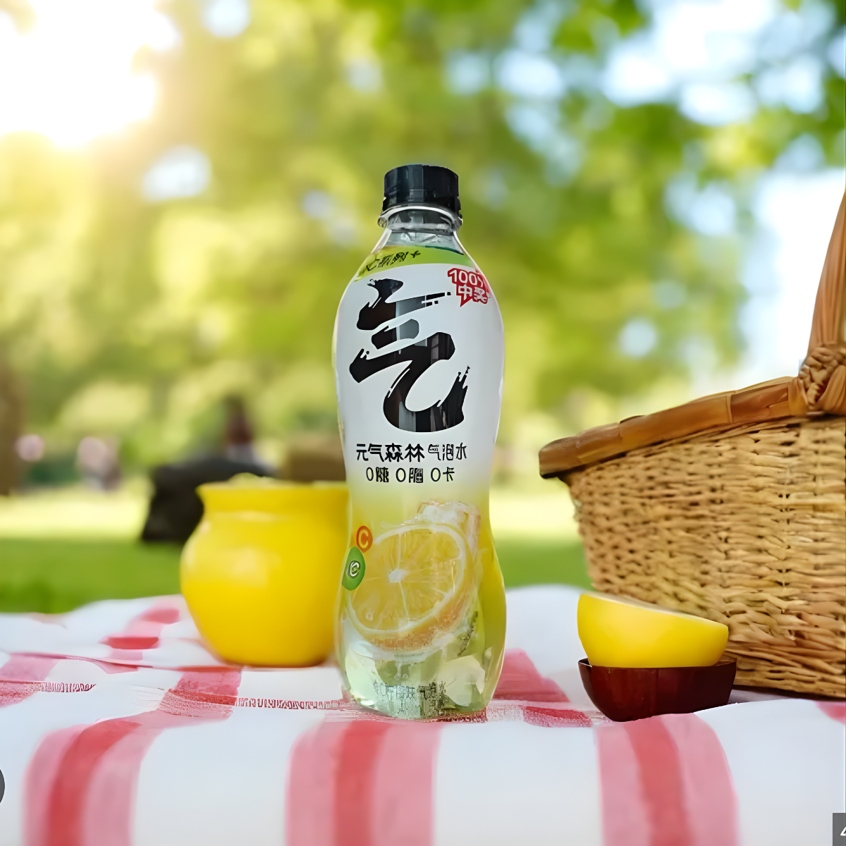 Chi Forest sparkling lemon water served outdoors with lemon slices