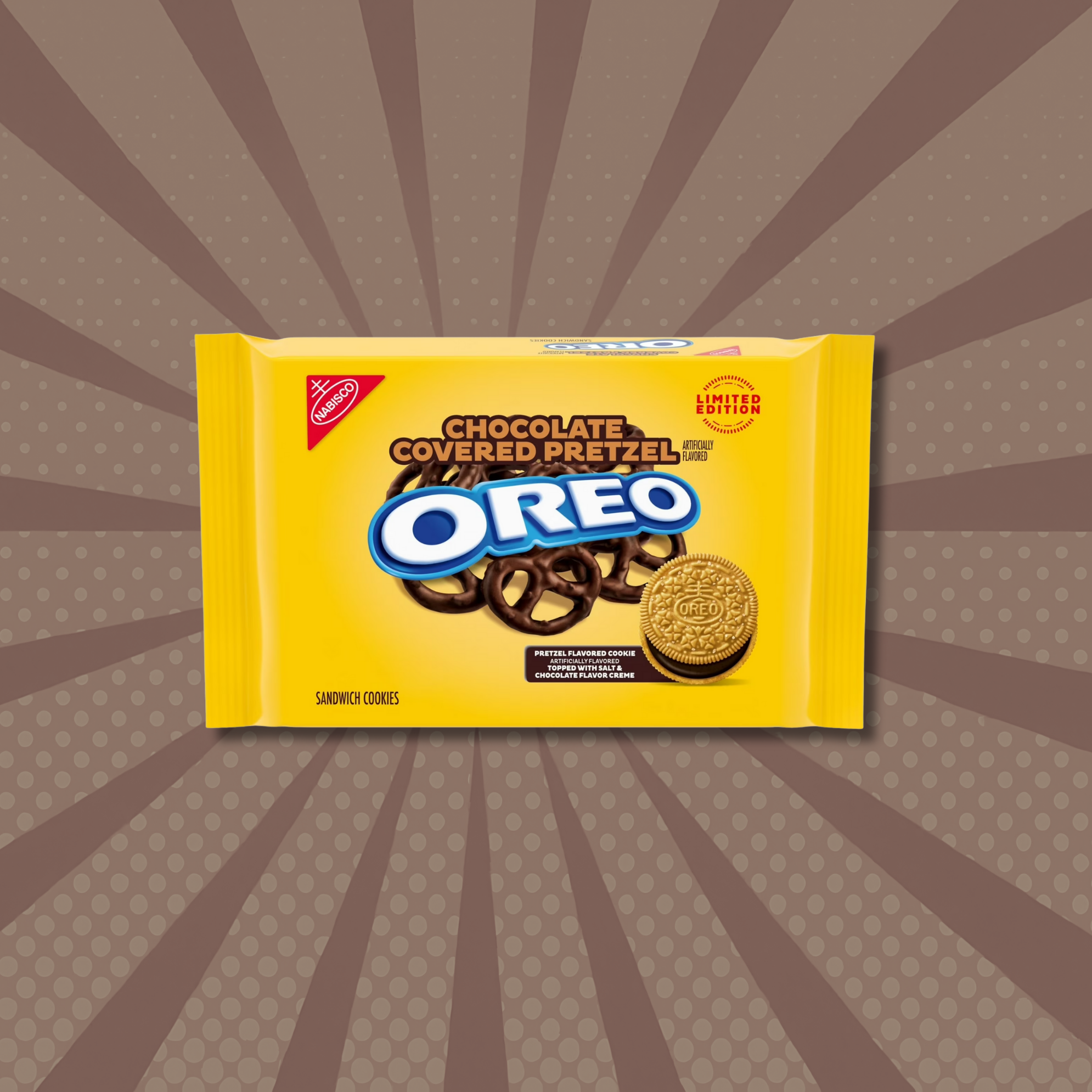Yellow package of limited edition chocolate covered pretzel Oreos on a brown, radial burst background. The package features pretzel and Oreo images. Available to buy online.