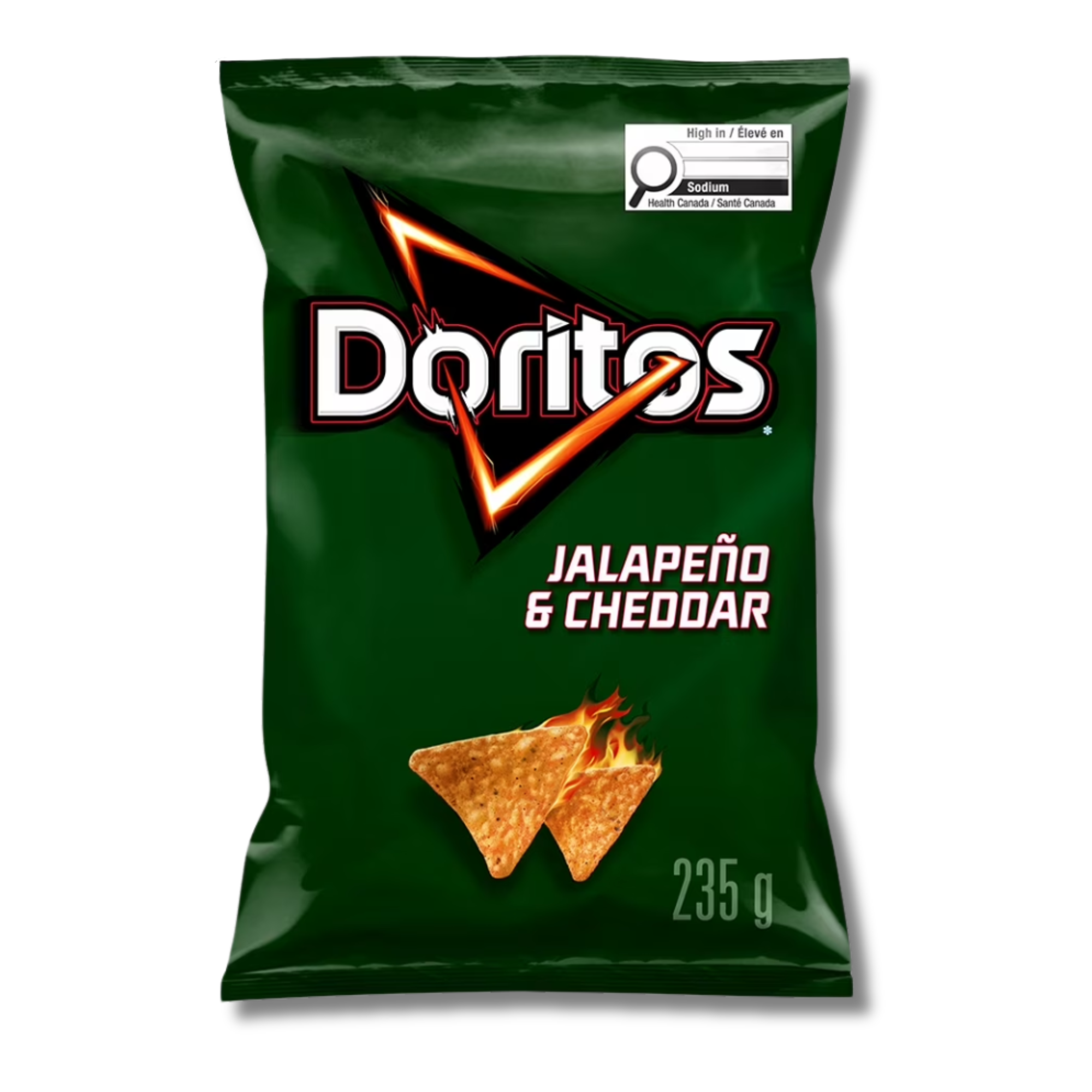 Doritos Jalapeño Cheddar chips from Canada spicy cheese tortilla chips bag against a white background.