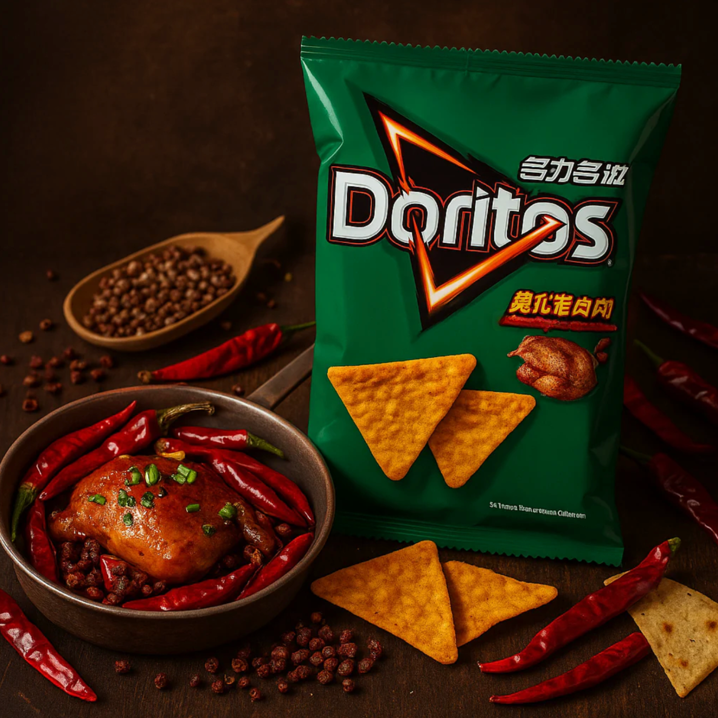 Doritos Sichuan Peppercorn Chicken chips styled with red chili peppers and roasted chicken on a dark background