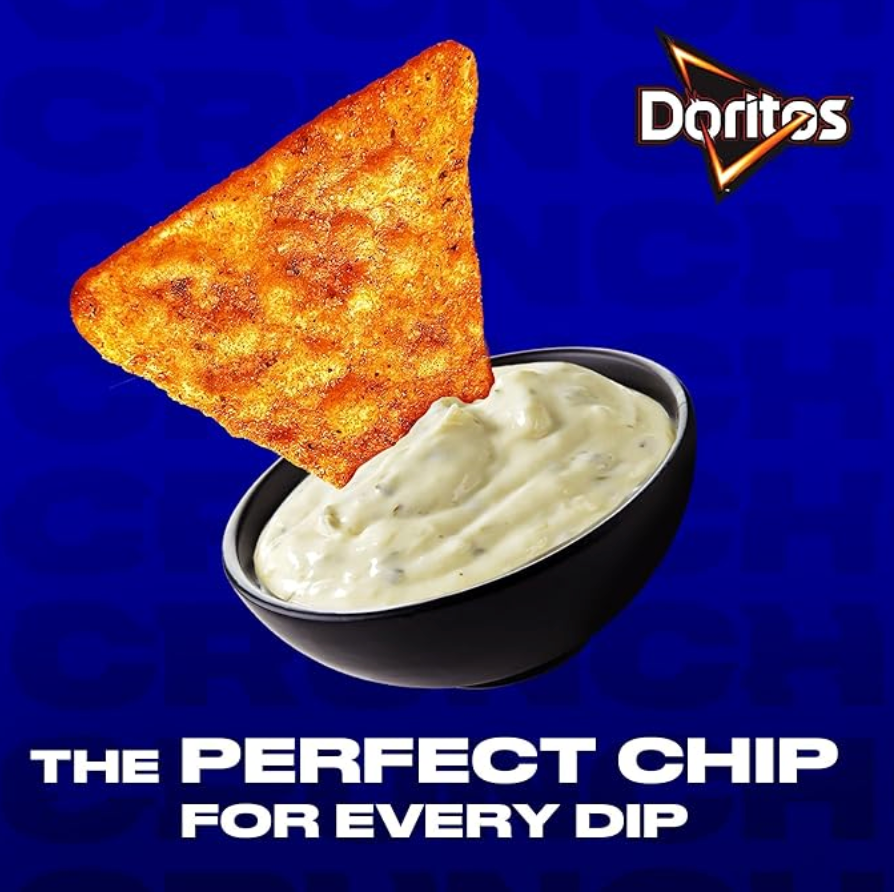 Close-up of Doritos Sweet Chili Pepper tortilla chip with creamy dip
