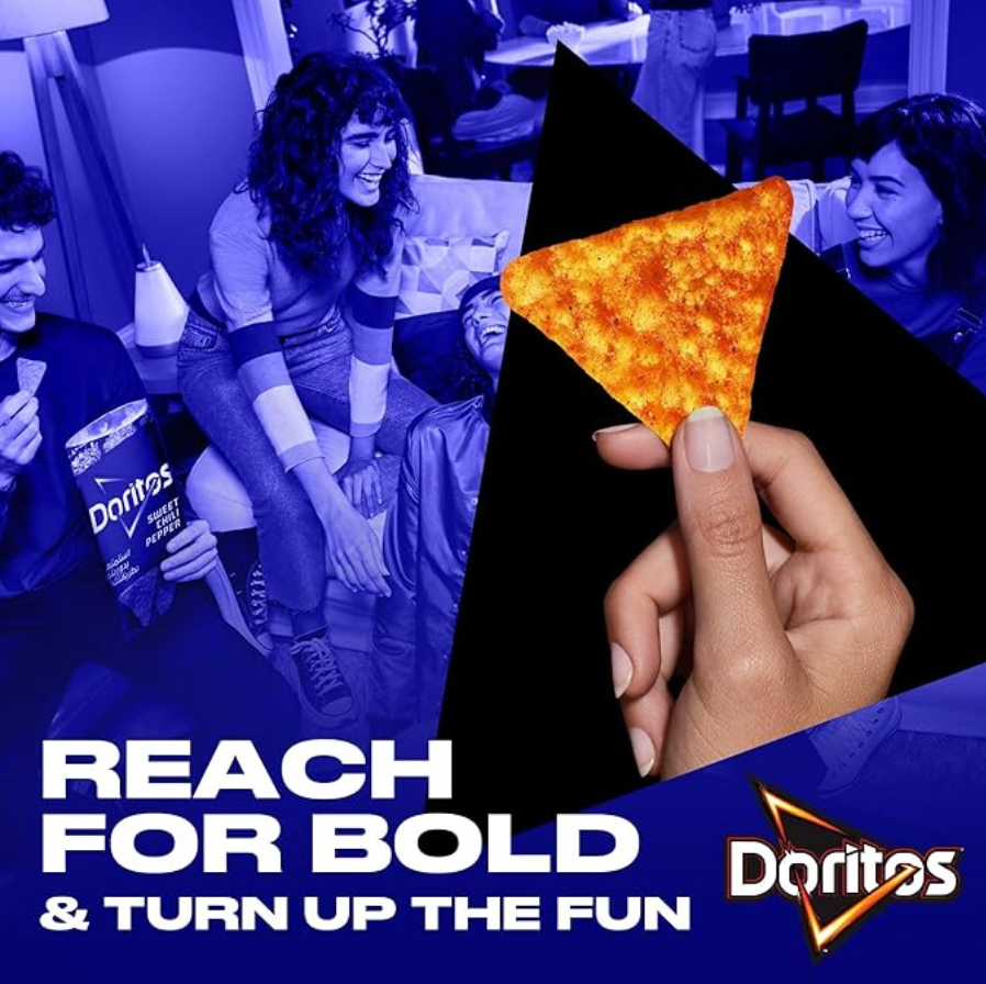 Hand holding a Doritos Sweet Chili Pepper tortilla chip from Iraq, showing the spicy seasoning close up.