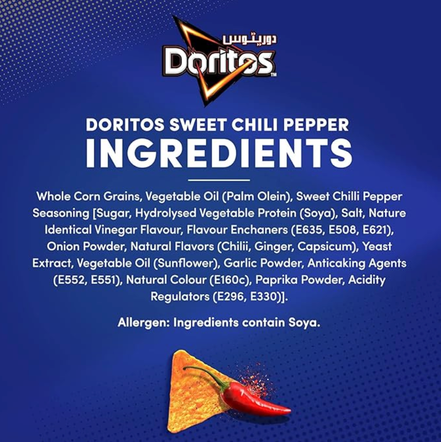 Ingredients list for Doritos Sweet Chili Pepper chips from Iraq.