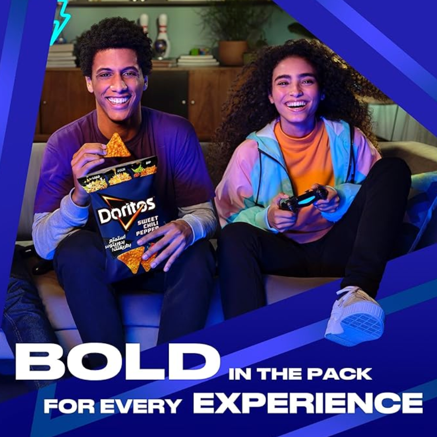 Friends enjoying Doritos Sweet Chili Pepper chips from Iraq during a casual hangout.