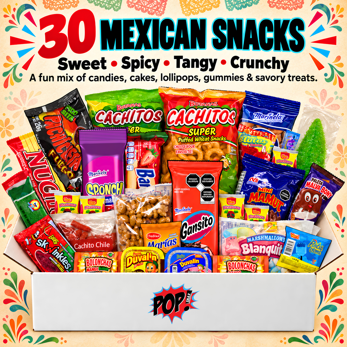 Dulce Méxicano gift box filled with assorted Mexican snacks, candies, lollipops, gummies, and savory treats, with colorful promotional text at the top reading '30 Mexican Snacks' and a 'POP! Snack Box' logo on the front.