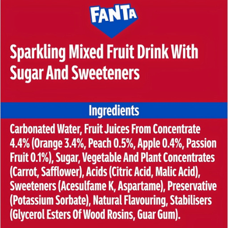 Fanta Fruit Twist ingredient panel headed Sparkling Mixed Fruit Drink With Sugar And Sweeteners.