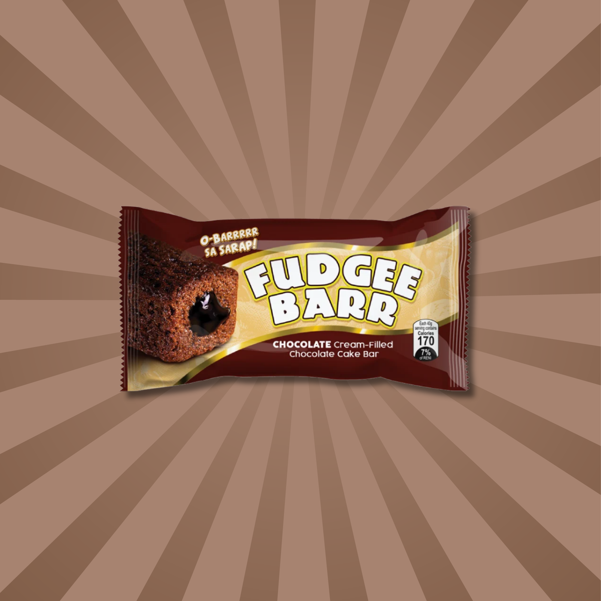 A wrapper of a Fudgee Barr chocolate cake bar from Vietnam against a brown radiating background. Asian snacks available to to buy online.