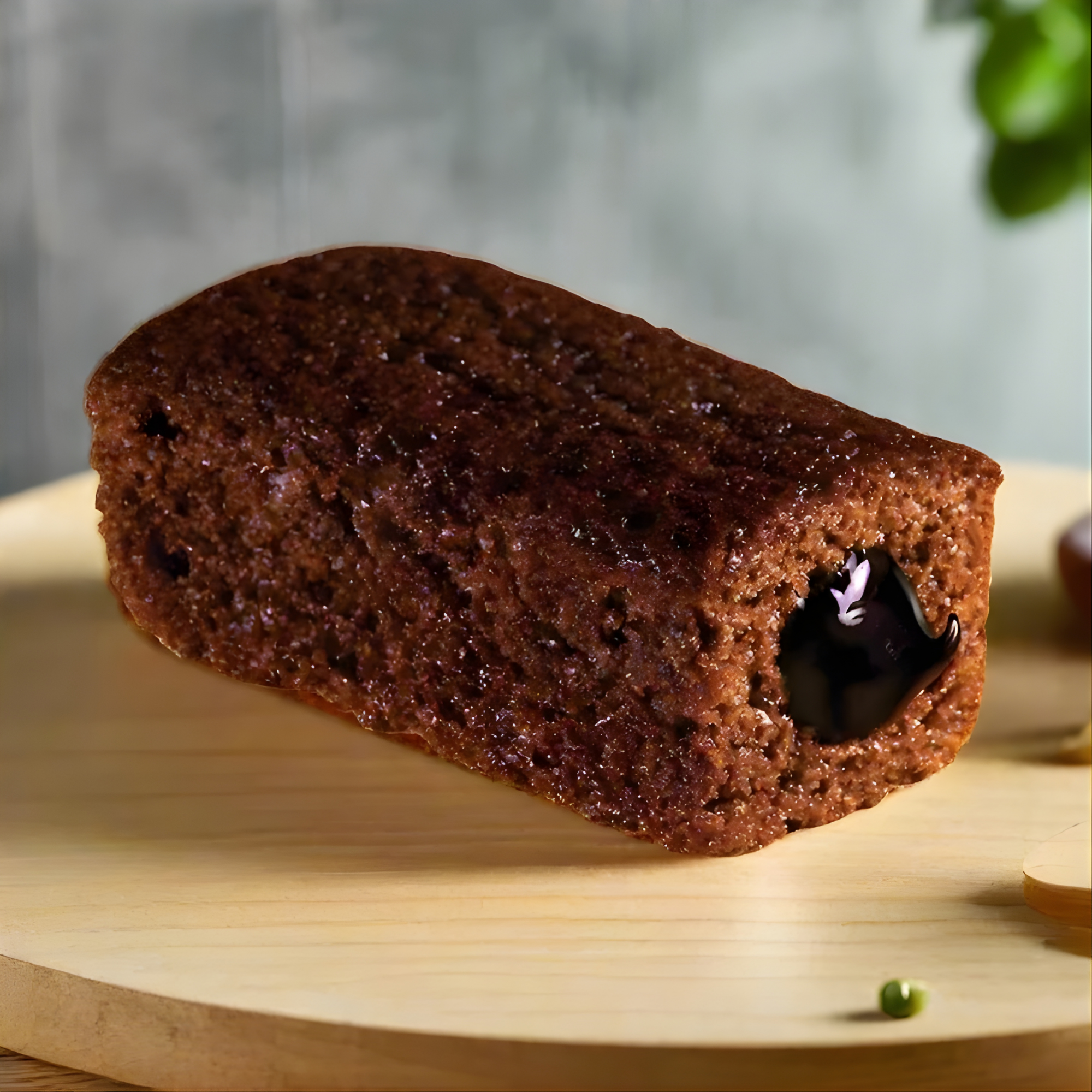 Close-up of Fudgee Barr chocolate cake bar from Vietnam with a glossy chocolate filling oozing out from one end, set on a light wooden surface. Shop Asian chocolate online.