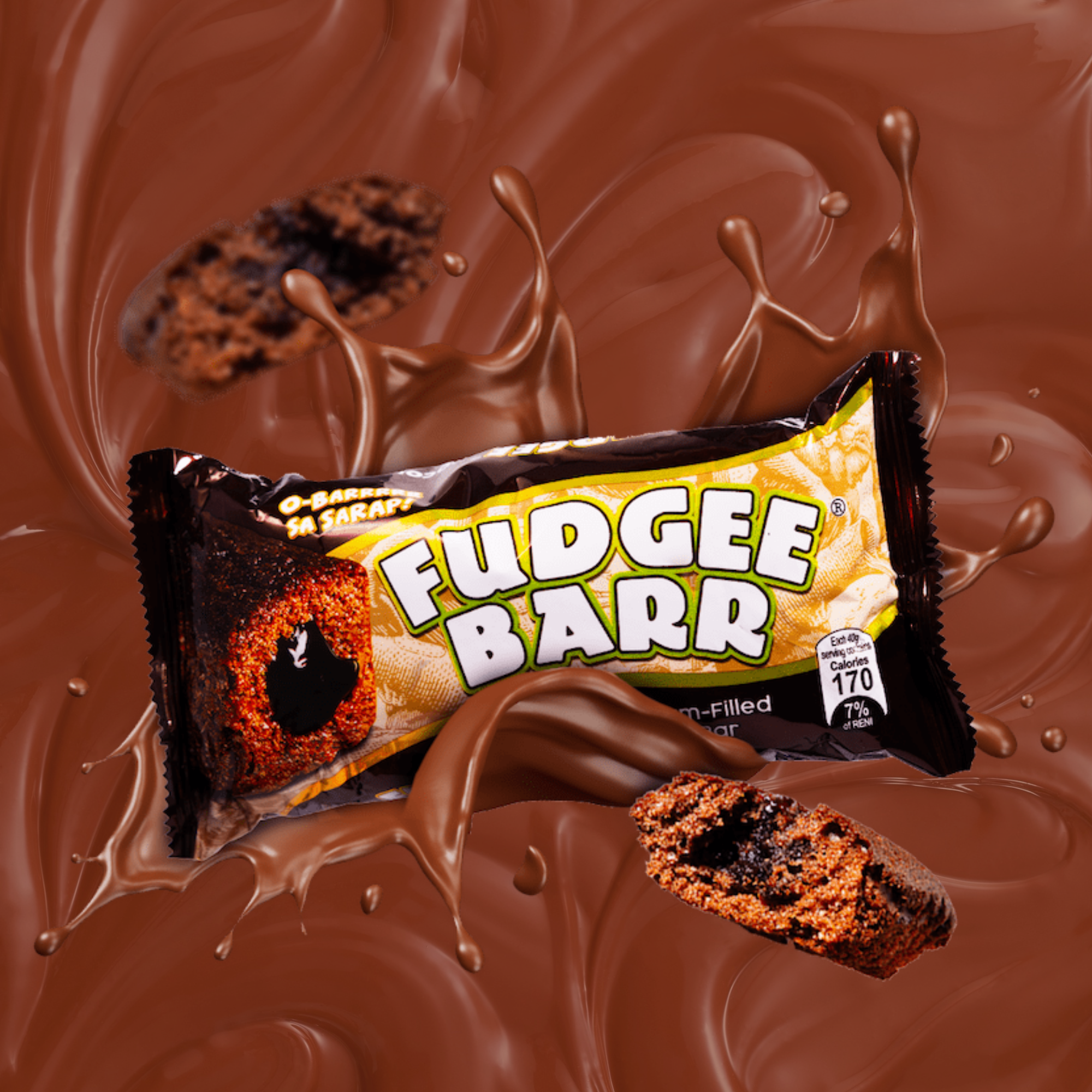 A Fudgee Barr wrapper against a backdrop of flowing chocolate. The image shows a cream-filled chocolate bar, emphasizing rich, indulgent flavors. Shop asian snacks online.