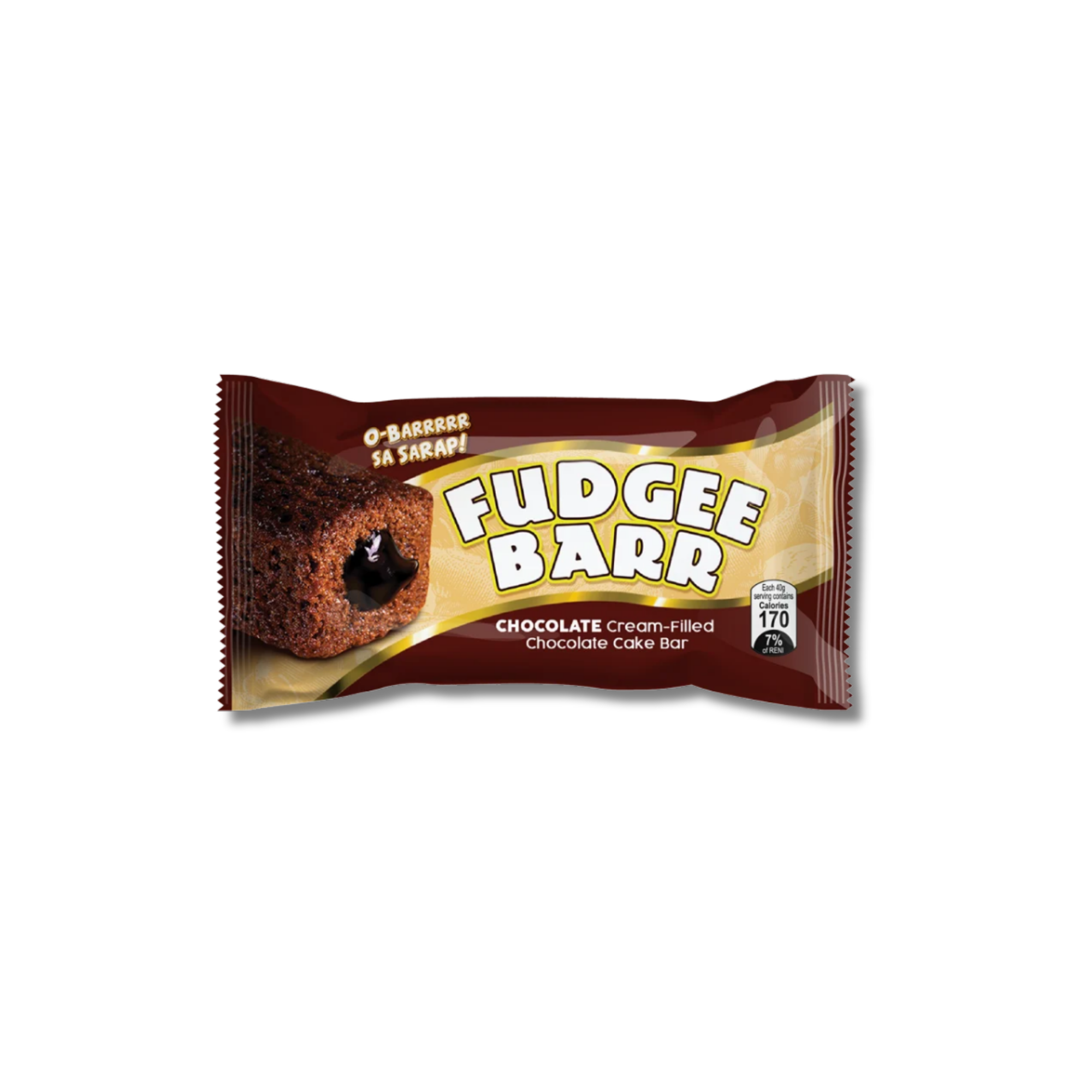 A wrapper of a Fudgee Barr chocolate cake bar from Vietnam against a white background. Available to buy online.
