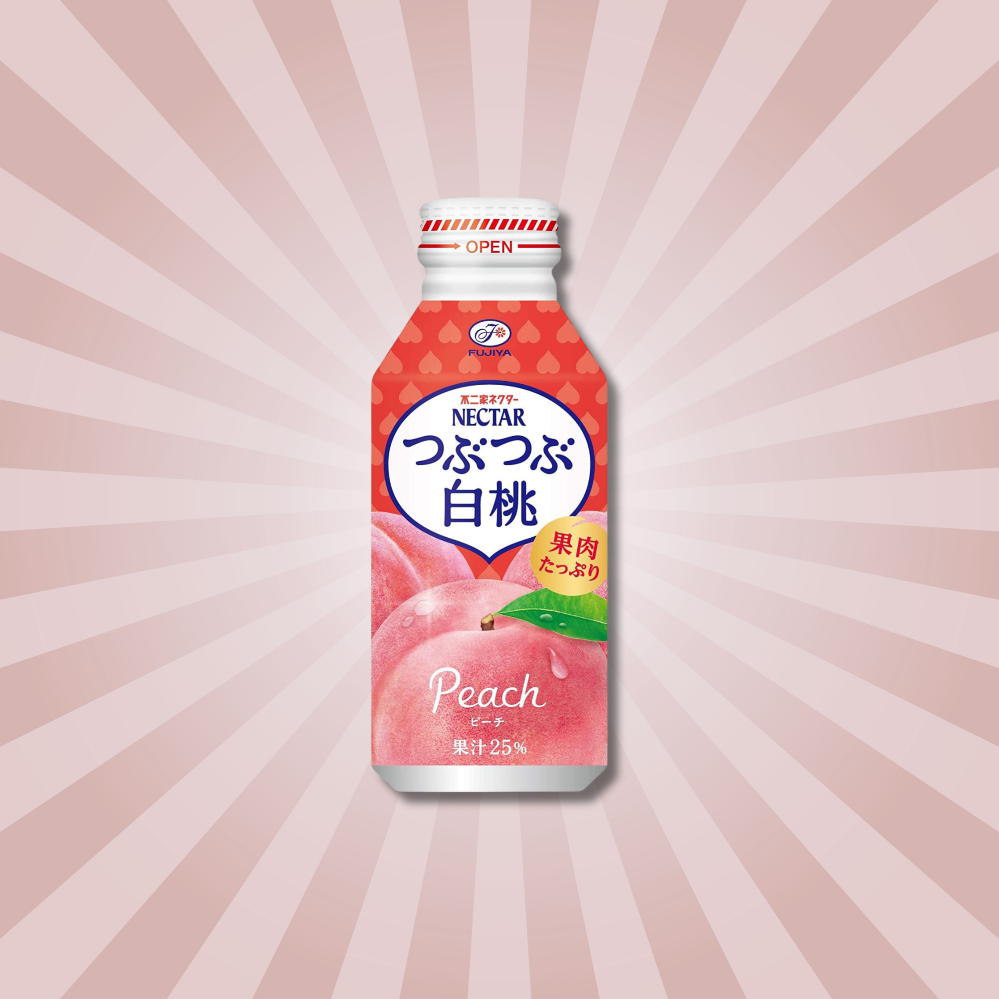 A colorful bottle of Fujiya Peach Nectar Juice from Japan against a pink starburst background. Japanese snacks available to buy online.