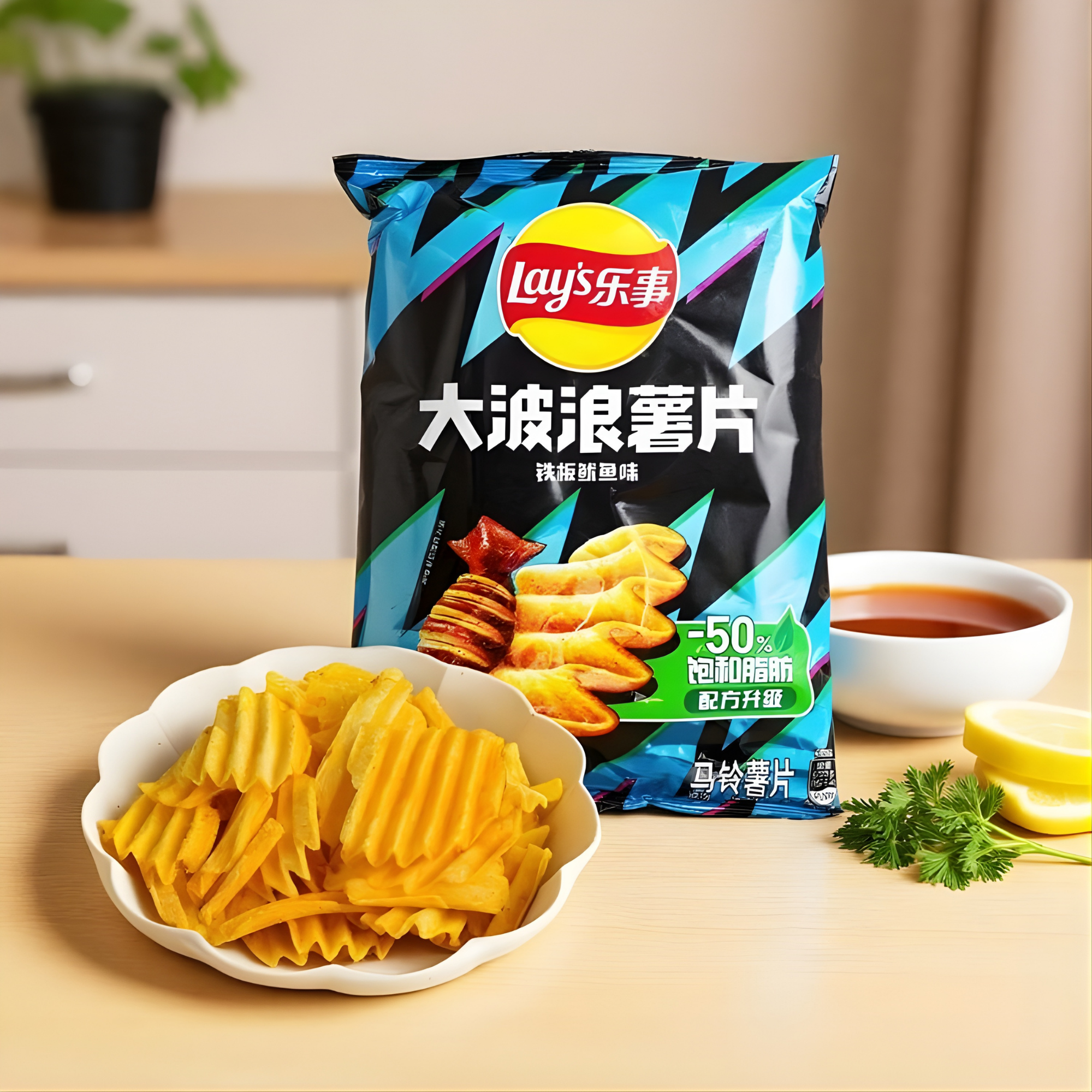 A bag of Asian Lay's chips  with Grilled Squid Flavor sits on a table. Below, crinkle-cut chips are in a white bowl beside sauce, lemon slices, and parsley.