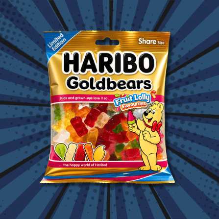 Gold Haribo Goldbears Fruit Lolly Favourites bag on a starburst background