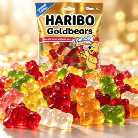 Haribo Goldbears Fruit Lolly Favourites bag in a staged candy scene