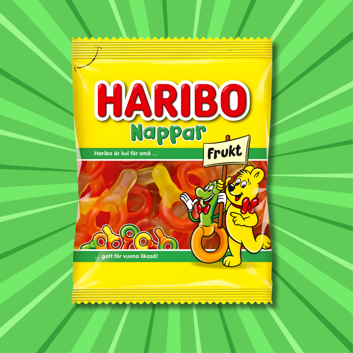 Haribo Nappar Frukt fruit gummy rings from Sweden against green starburst background