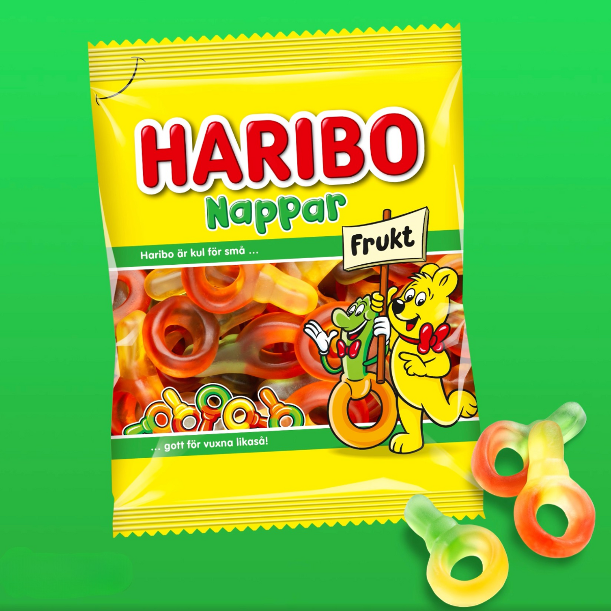 Haribo Nappar Frukt Swedish fruit gummy candy in yellow packaging with gummies featured.