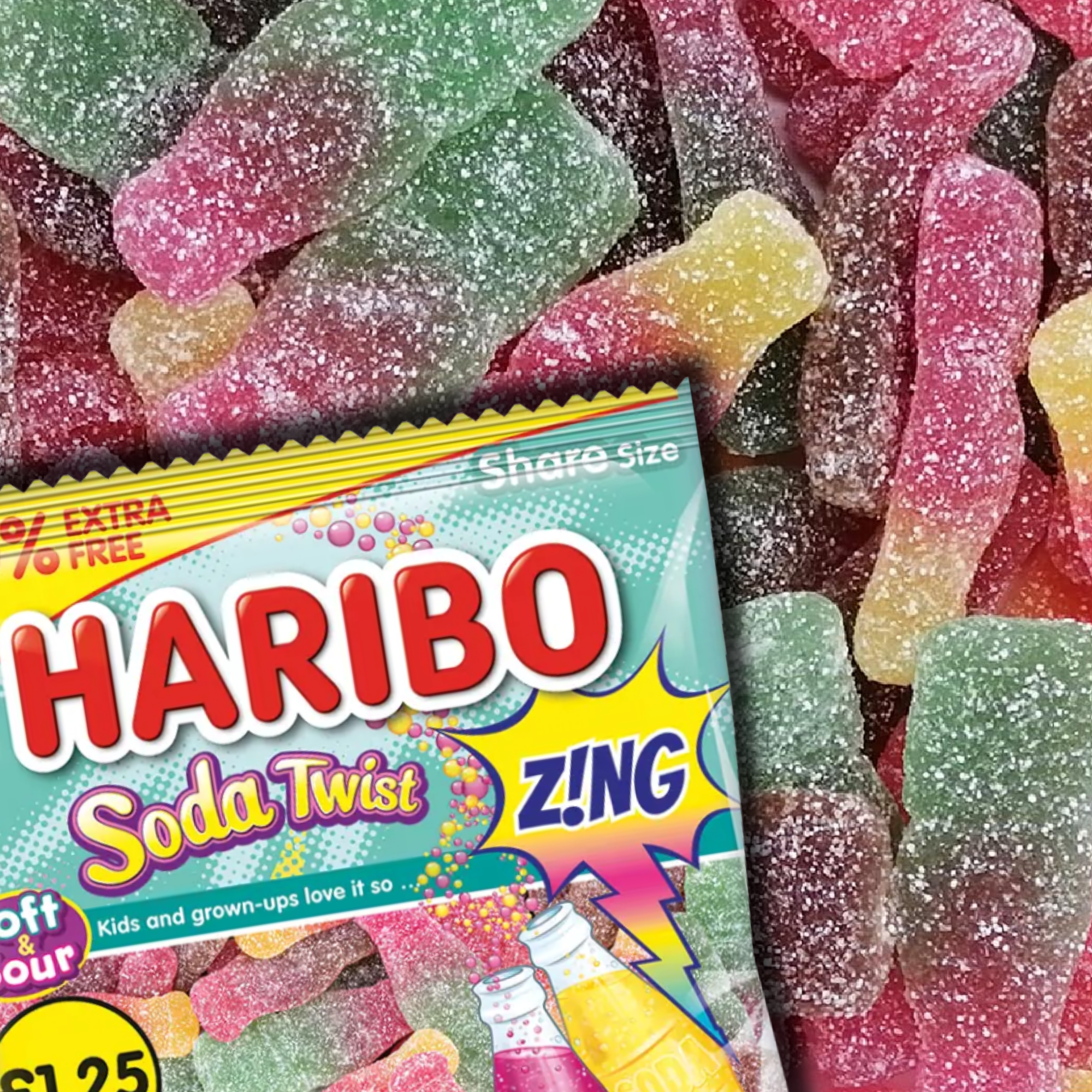 Pack of Haribo Soda Twist Zing from the UK along with pieces of the candy. Shop UK candy online.
