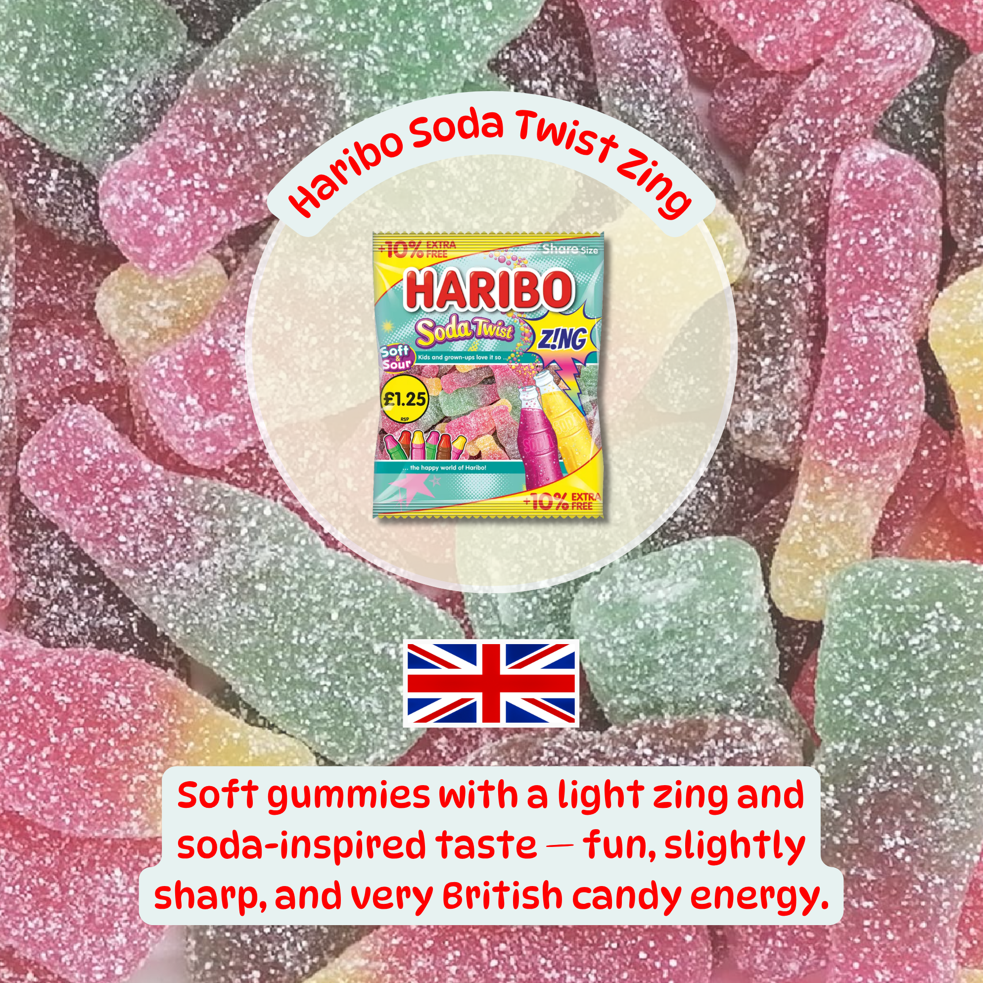 Pack of Haribo Soda Twist Zing from the UK with text describing the fizzy British candy energy. Buy British candy online at Pop Snax!