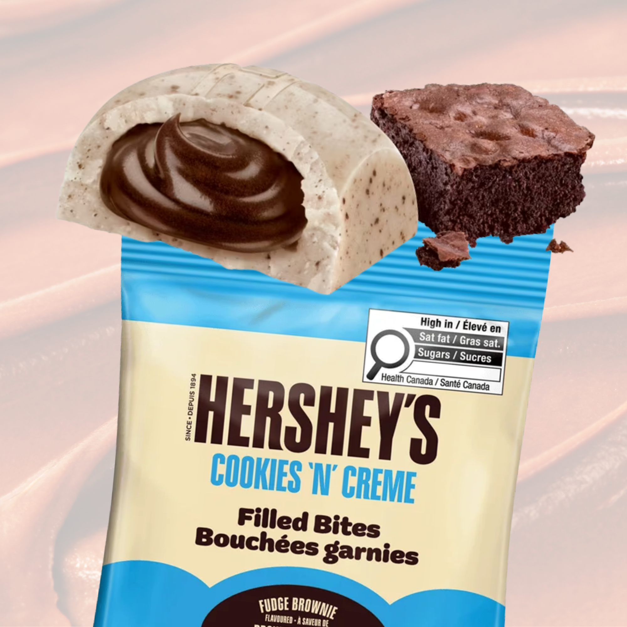 Hershey's Cookies N Creme Filled Bites from Canada against a creamy background. Shop Canadian chocolate box online.