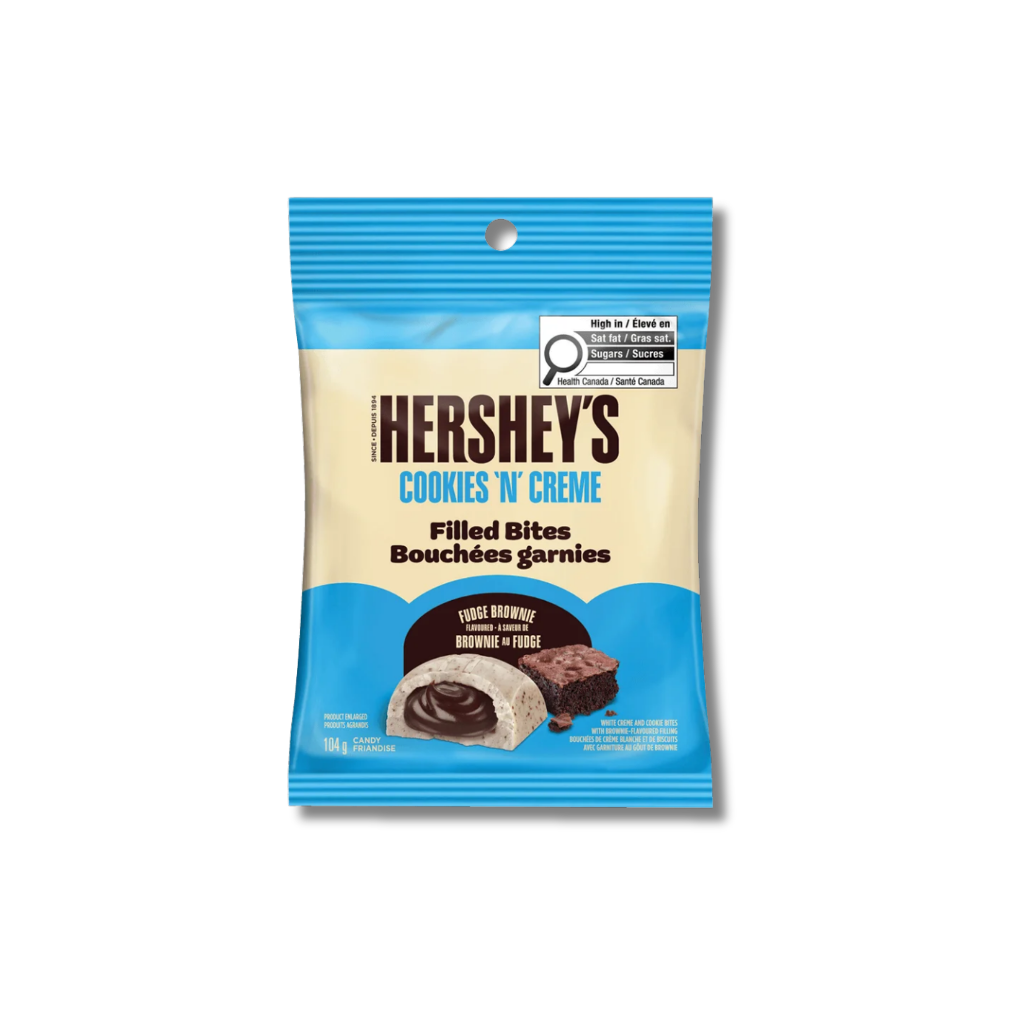 Pack of Hershey's Cookies N Creme Filled Bites from Canada against a white background. Shop Canadian candy online.