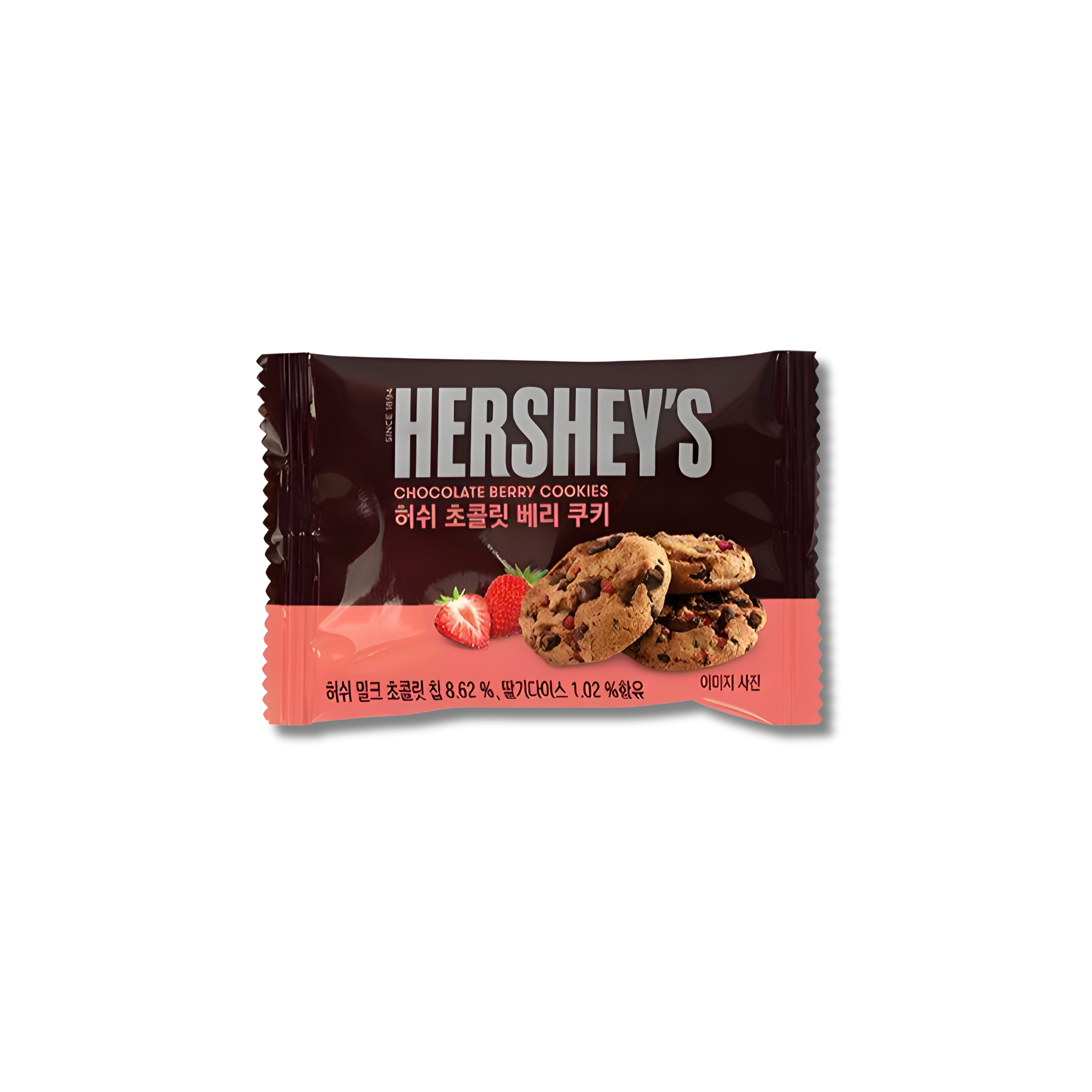 Packaging of Korean Hershey's chocolate berry cookies on a white background. 