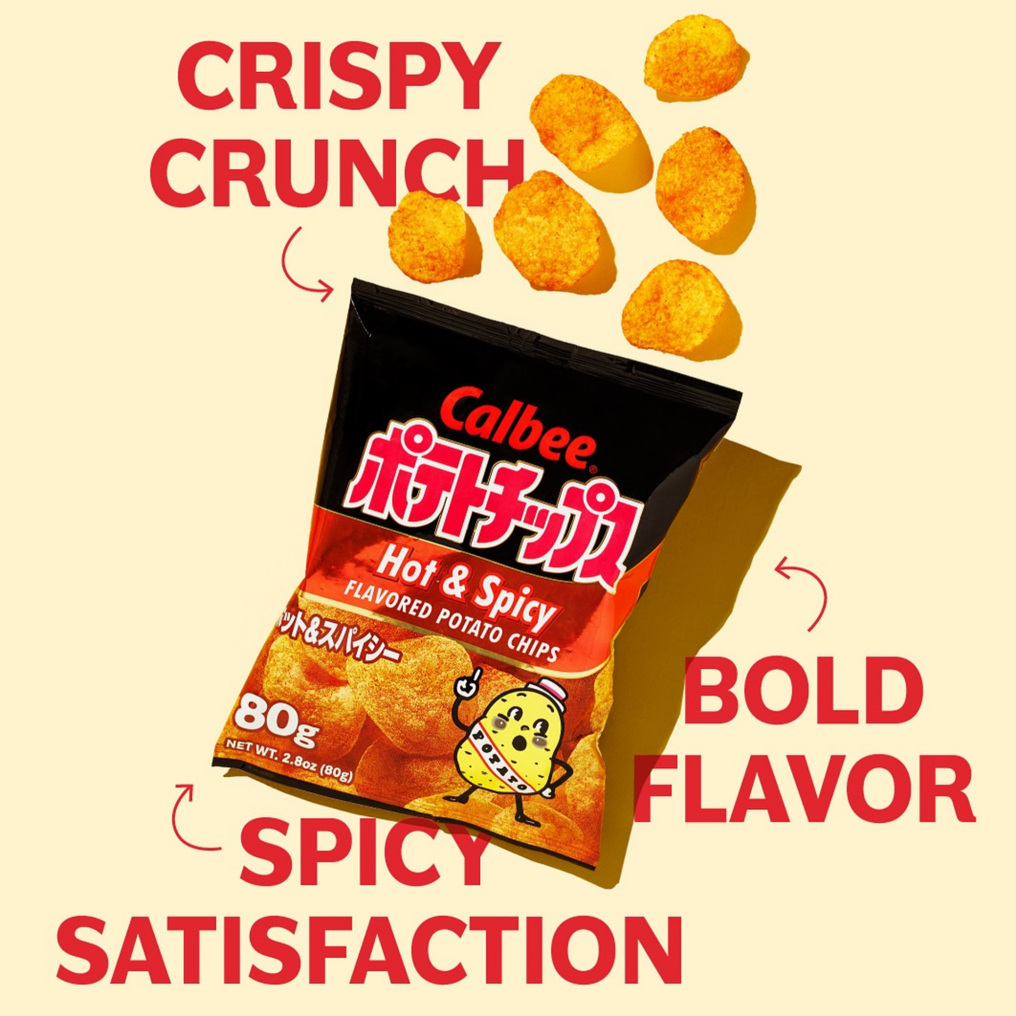Bag of Calbee Hot & Spicy potato chips with floating chips above. Bold red text reads: "Crispy Crunch," "Bold Flavor," and "Spicy Satisfaction."