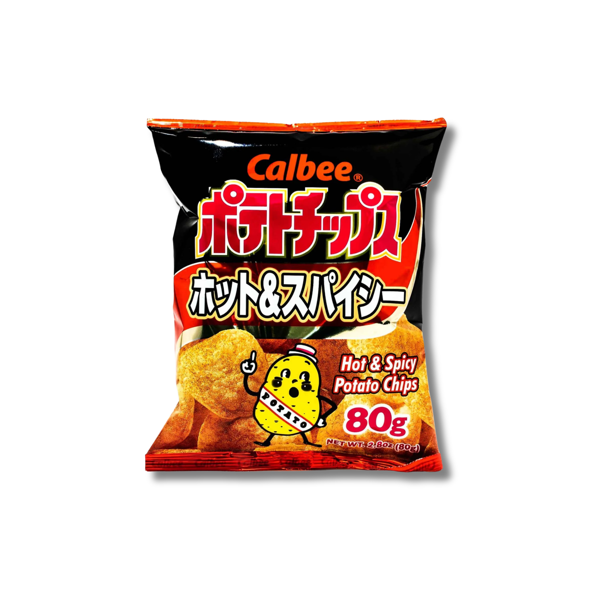 A vibrant bag of Calbee Hot & Spicy Potato Chips from Japan with bold Japanese text on a white background. Available to buy online.