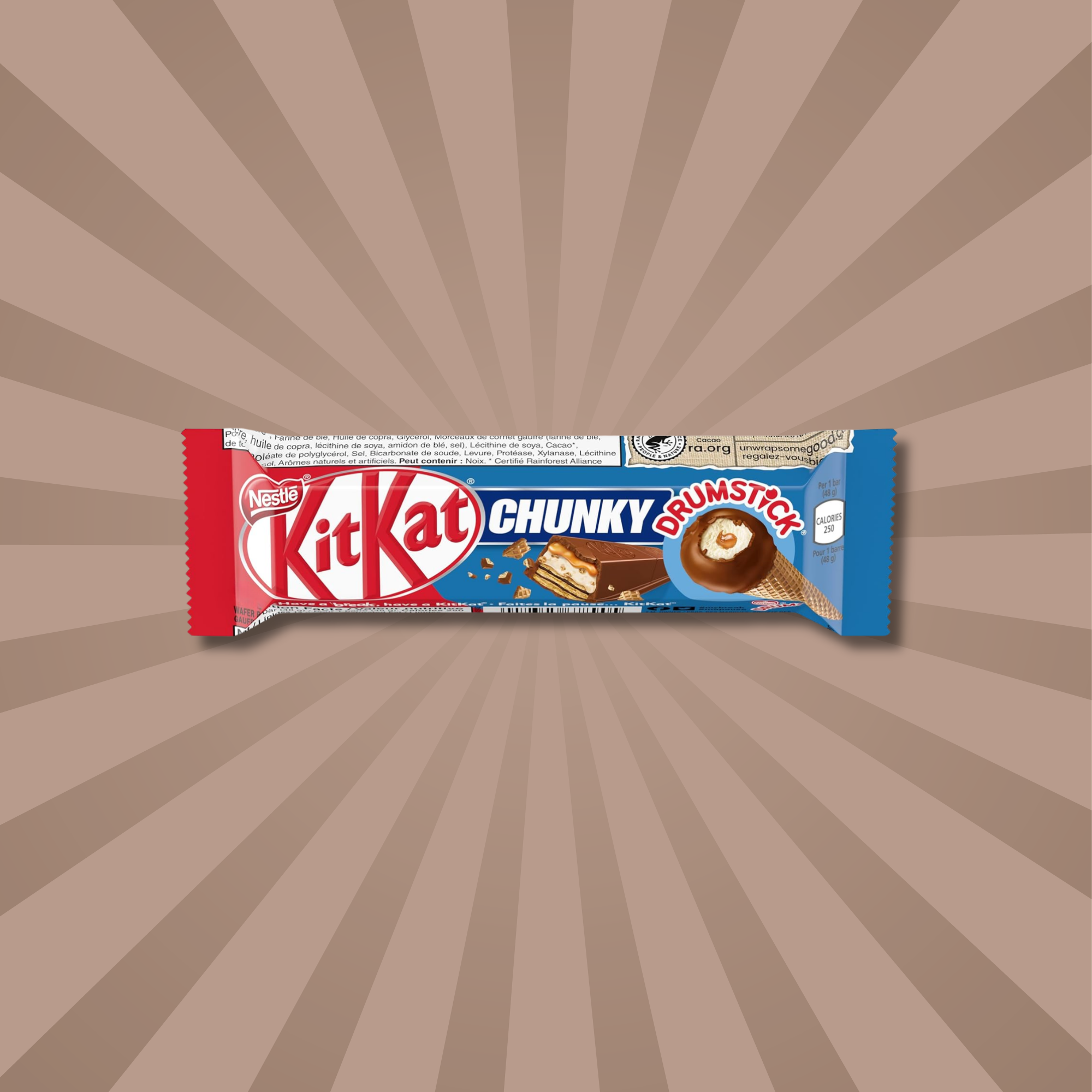 Pack of KitKat Chunky Drumstick from Canada against a brown starburst background. Canadian candy available to buy online.
