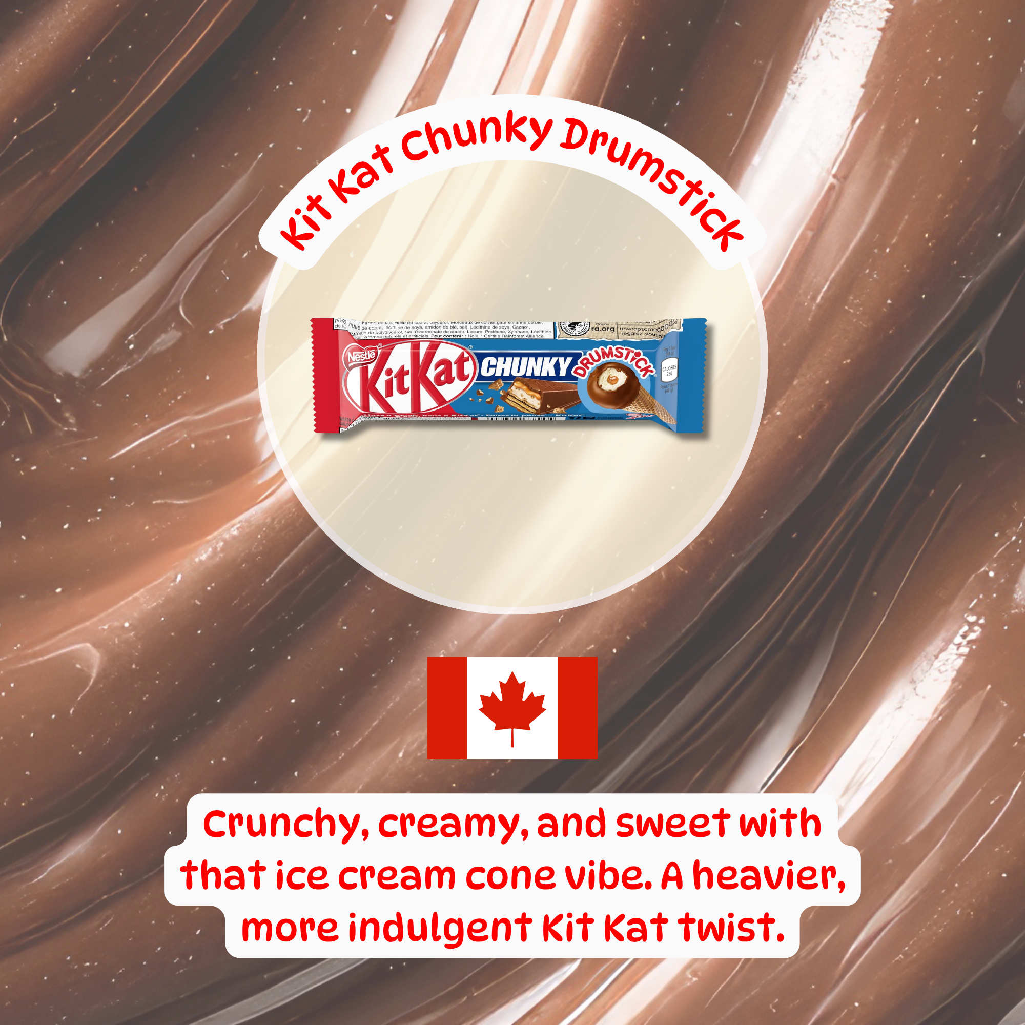 Pack of Kit Kat Chunky Drumstick from Canada with text describing chunky and creamy vibe. Shop Canadian Candy online.