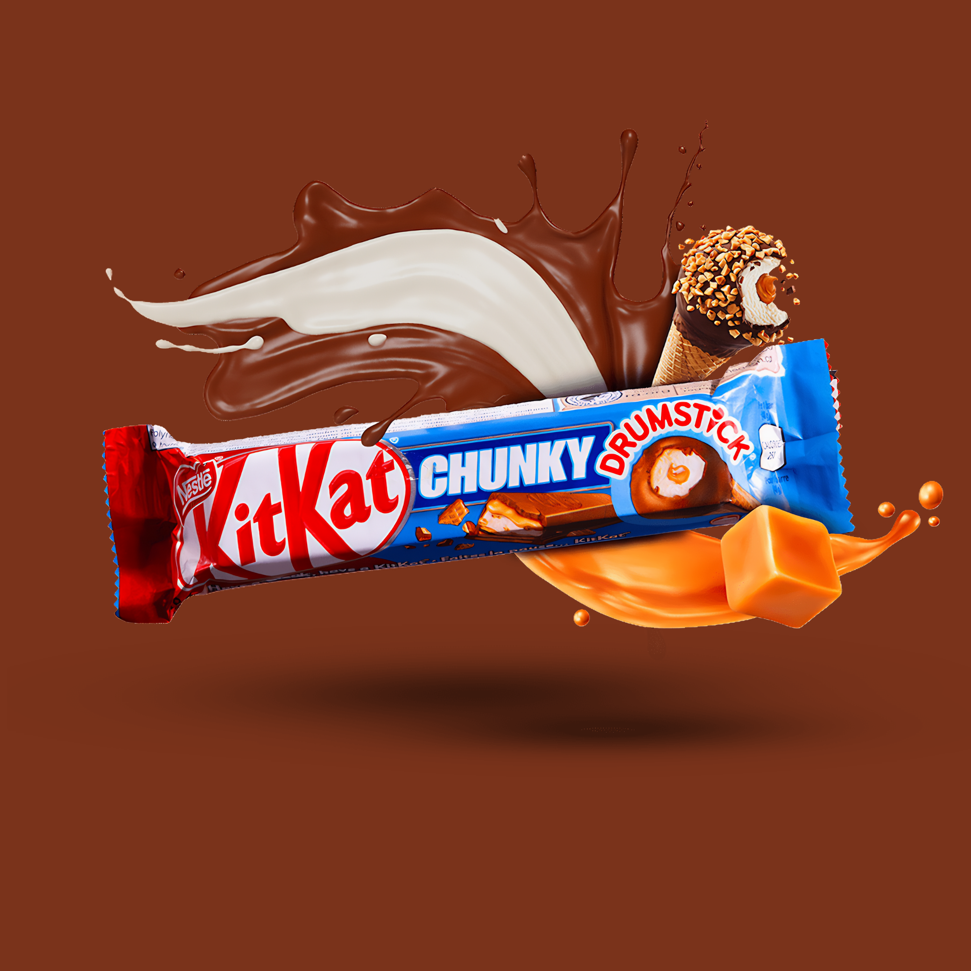 Pack of Kit Kat Chunky Drumstick from Canada against a swirling creamy background. Shop Canadian Candy online.