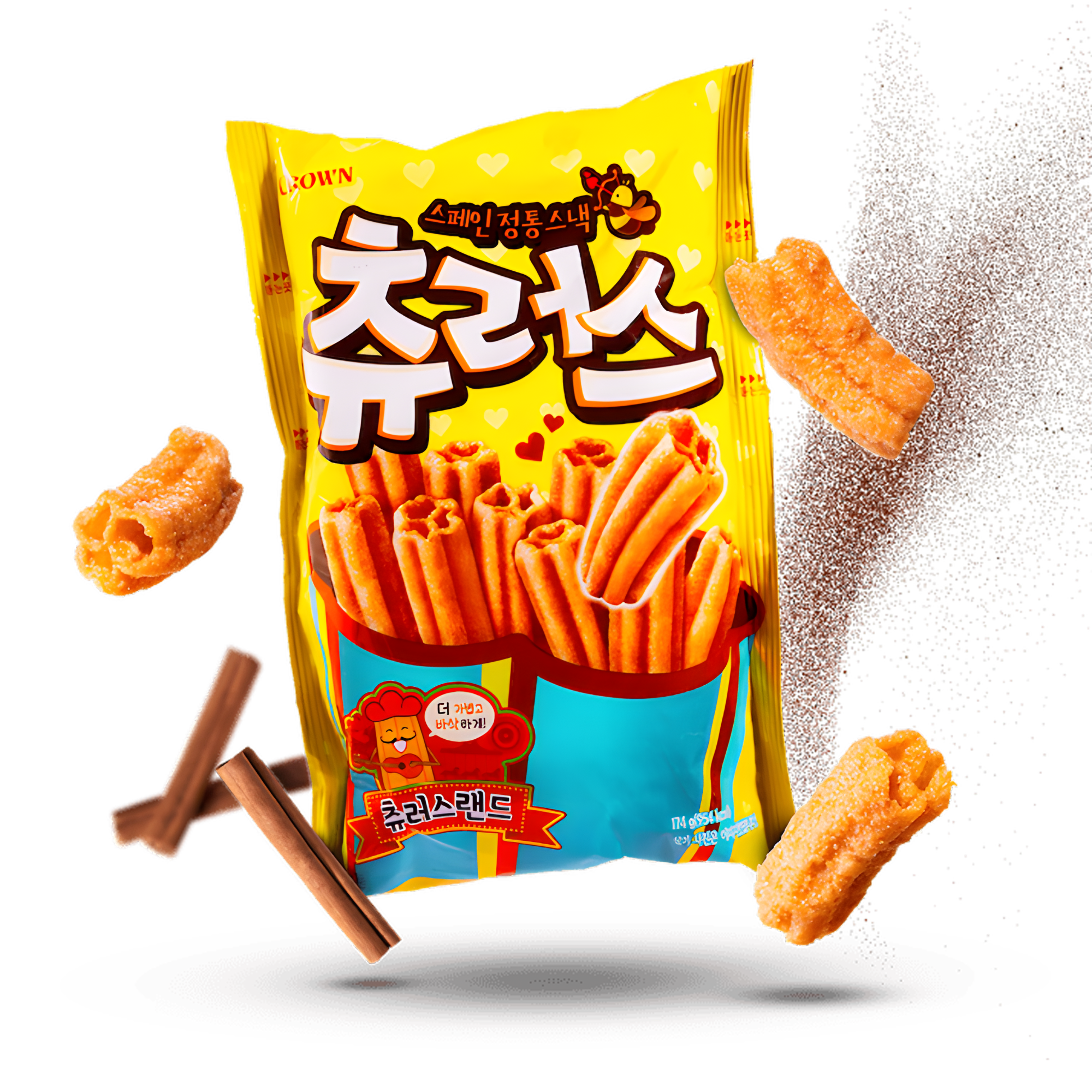 Korean Churroz snack with cinnamon sugar churro sticks and sweet dessert flavor. South Korean Churroz snack featuring crispy churro-style sticks with cinnamon sugar coating, shown with packaging, cinnamon sticks, and sugar dust on a clean background.