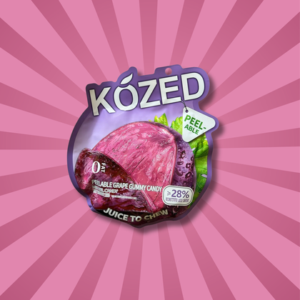 Packaging of KOZED peelable grape gummy candy from China on a pink background with radial stripes. Buy peelable asian candy online.