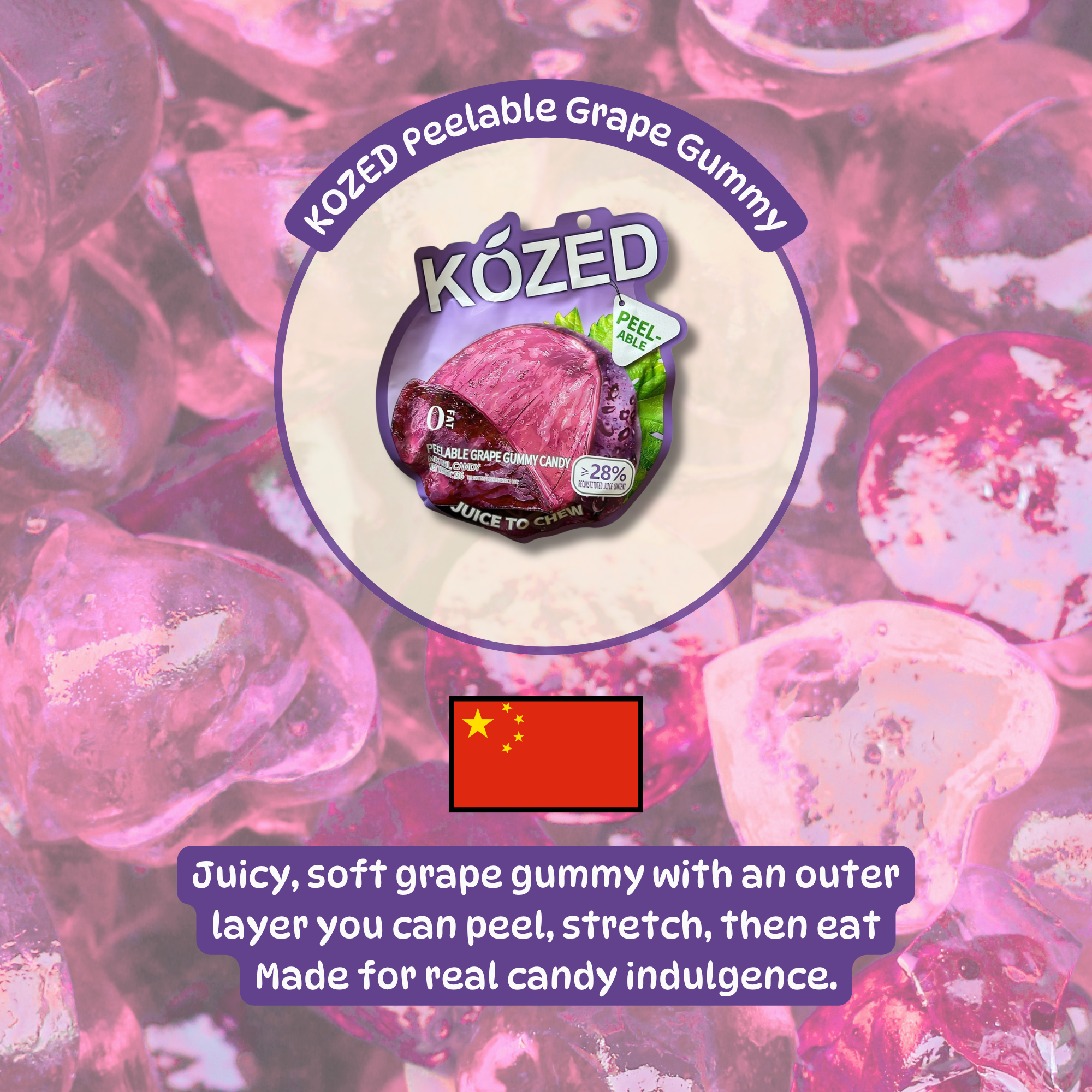 Packaging of KOZED peelable grape gummy candy from China. Available to buy online.