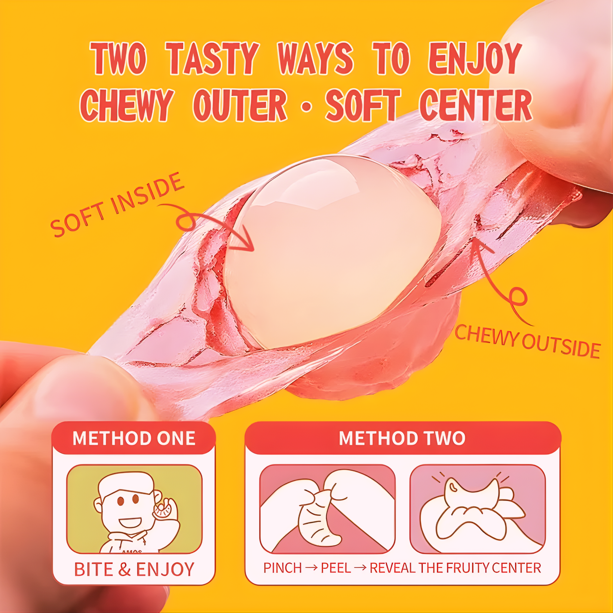 Two hands pull apart a chewy KOZED gummy candy, revealing a soft center, against a yellow background. Text describes two ways to enjoy: "Bite & Enjoy" or "Pinch, Peel, Reveal." Buy asian candy box online.