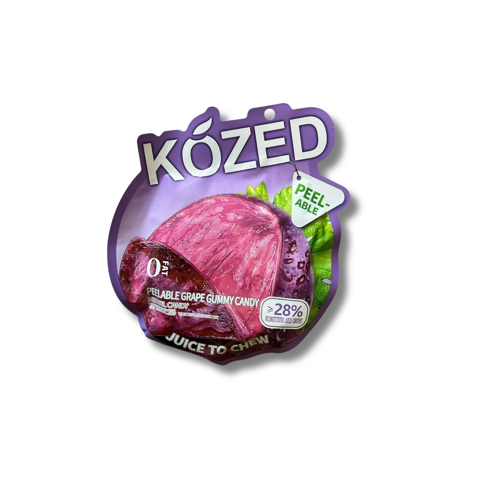 Packaging of KOZED peelable grape gummy candy from China on a white background. Shop Asian candy and peelable gummies online.