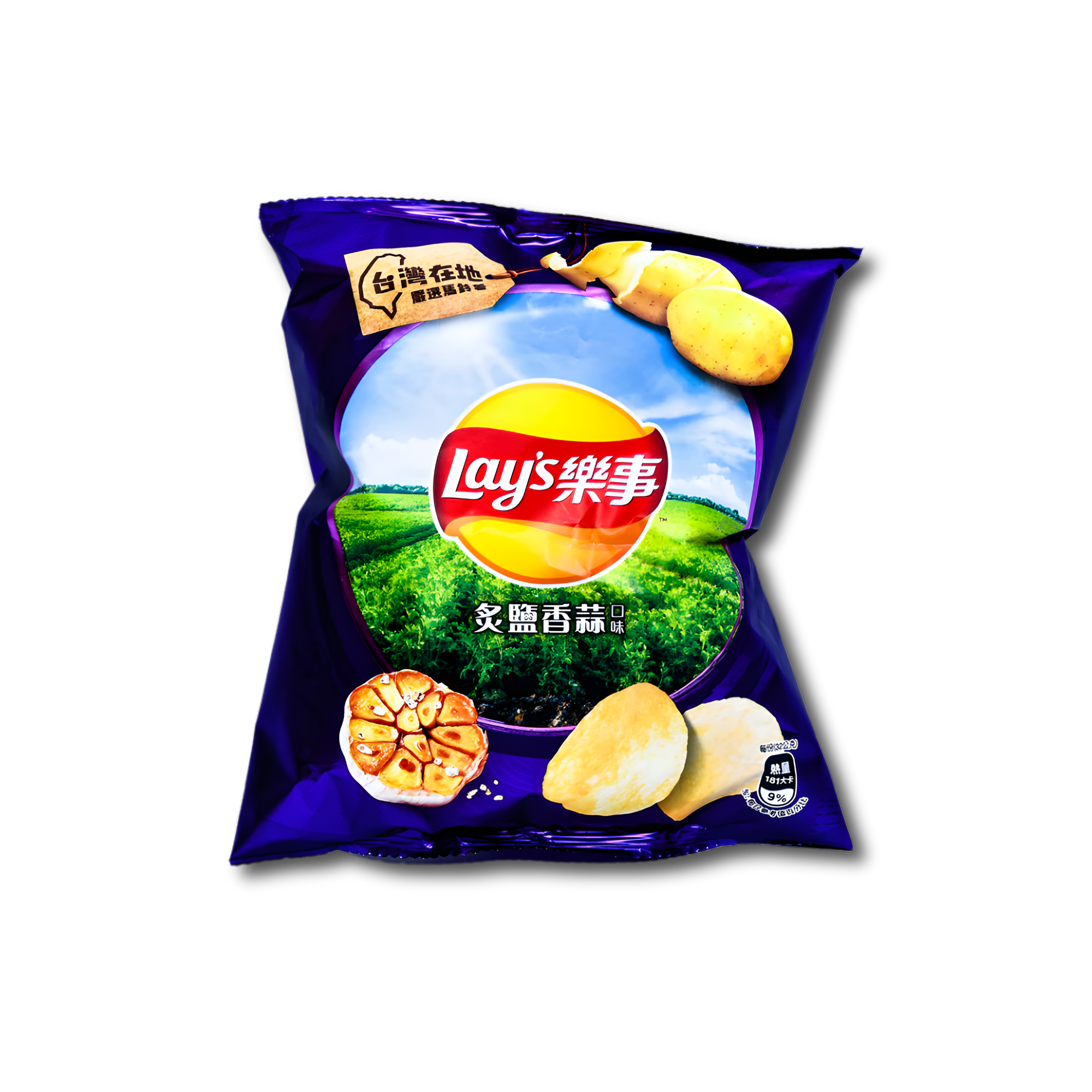 A Taiwanese Lay's Roasted Garlic and Salt potato chips bag with garlic and potato images against a white background.
