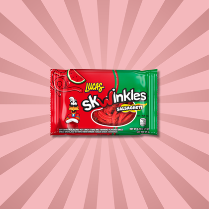 Packaging of Lucas Skwinkles Salsagheti from Mexico on a vivid pink starburst background. Available to buy online.