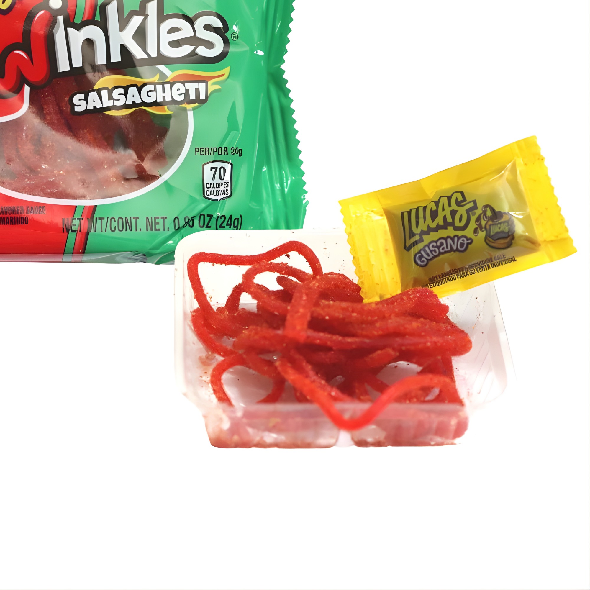 Close-up of Lucas Skwinkles Salsagheti candy strips in a plastic tray and a yellow "Lucas Gusano" sauce packet. Available to buy online.