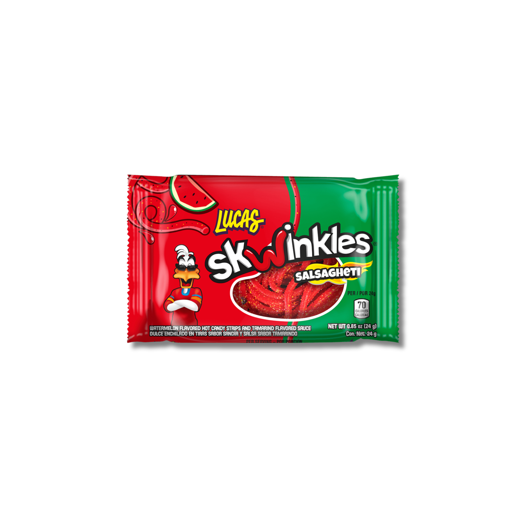 Packaging of Lucas Skwinkles Salsagheti from Mexico on a white background. Available to buy online.