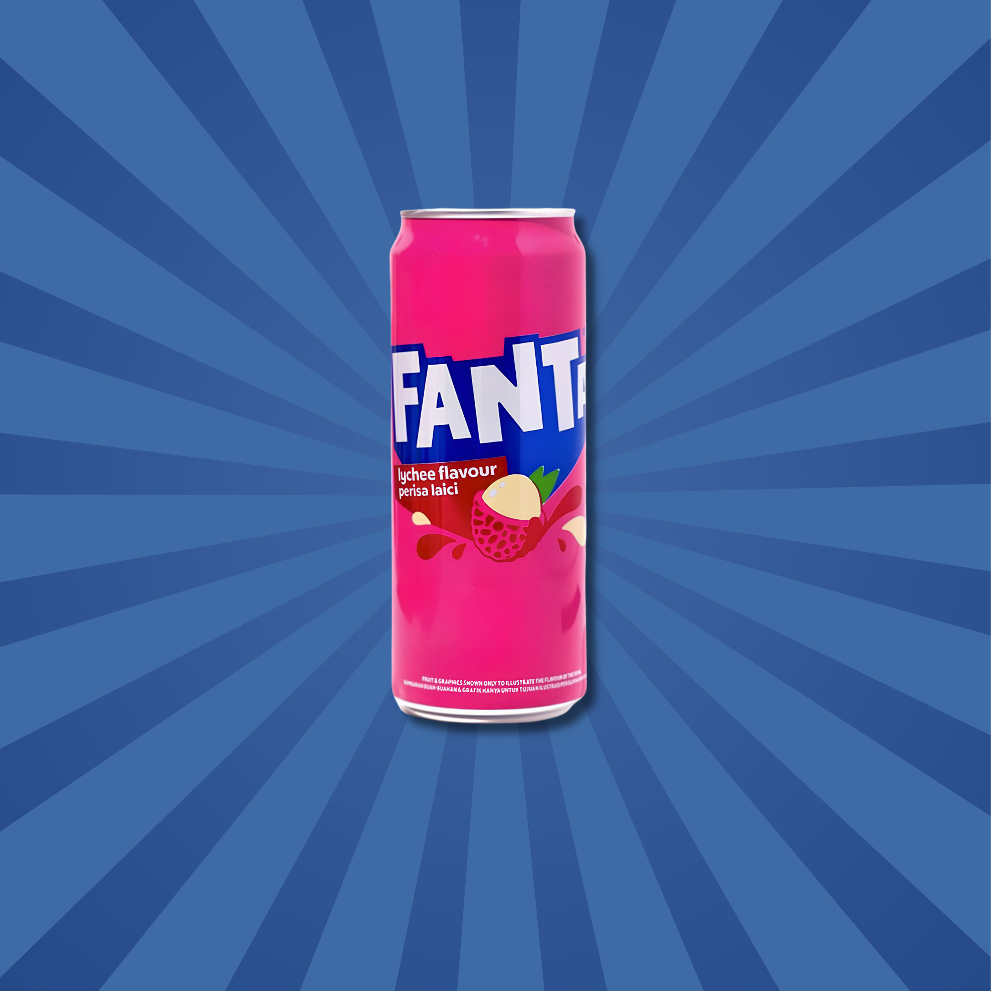 Bottle of Lychee Fanta from Malaysia against a pink starburst background. Shop Malaysia drinks online.