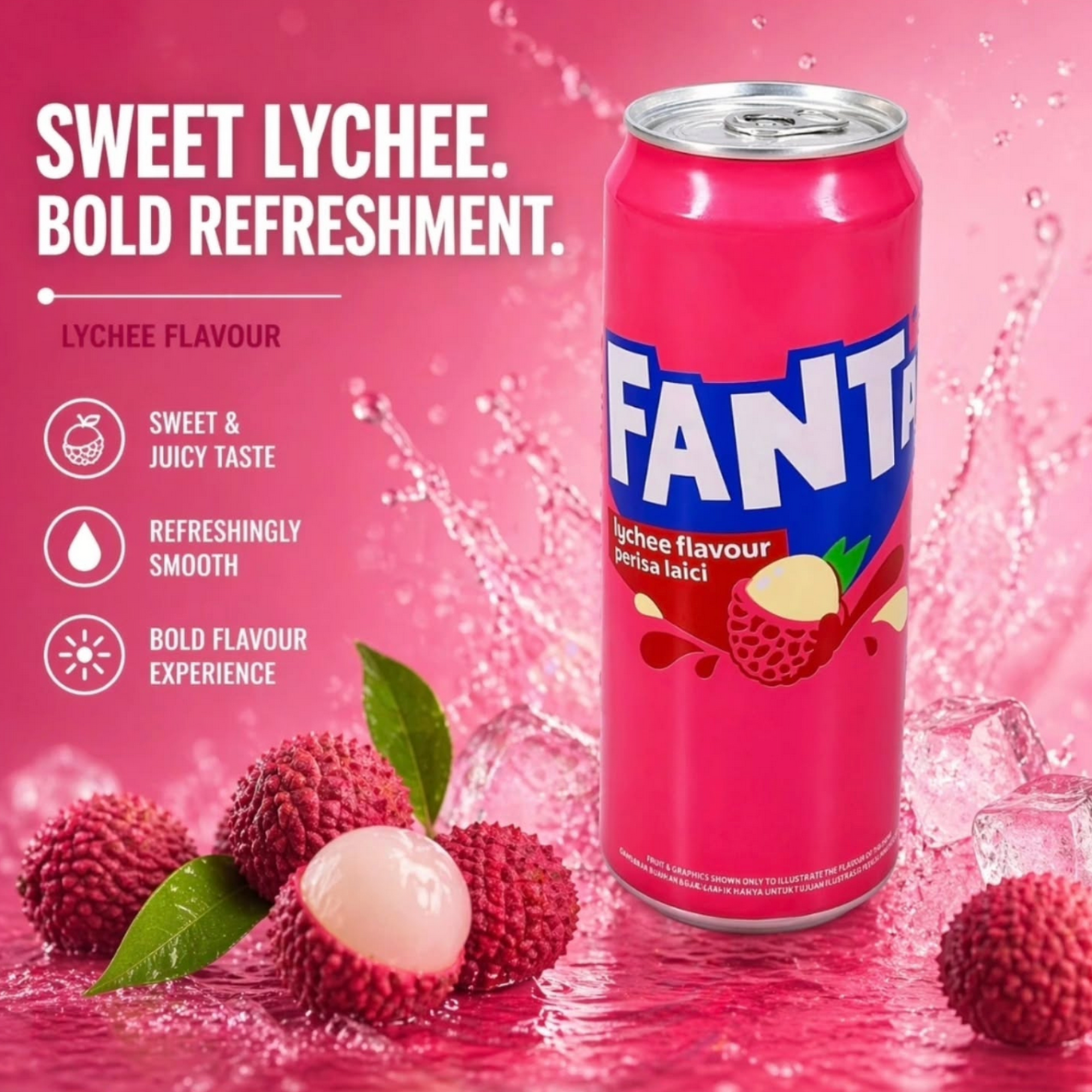 Ca  of Lychee Fanta from Malaysia alongside flavor descriprion. Shop reare fanta soda online.
