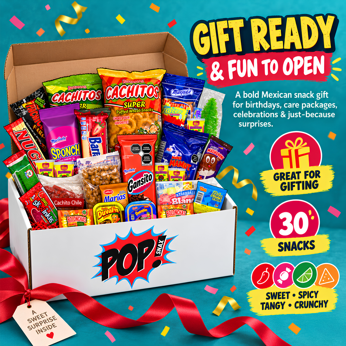 Pop Snax Dulce México Mexican candy gift box sealed with logo. Perfect birthday gift or Cinco de Mayo care package
